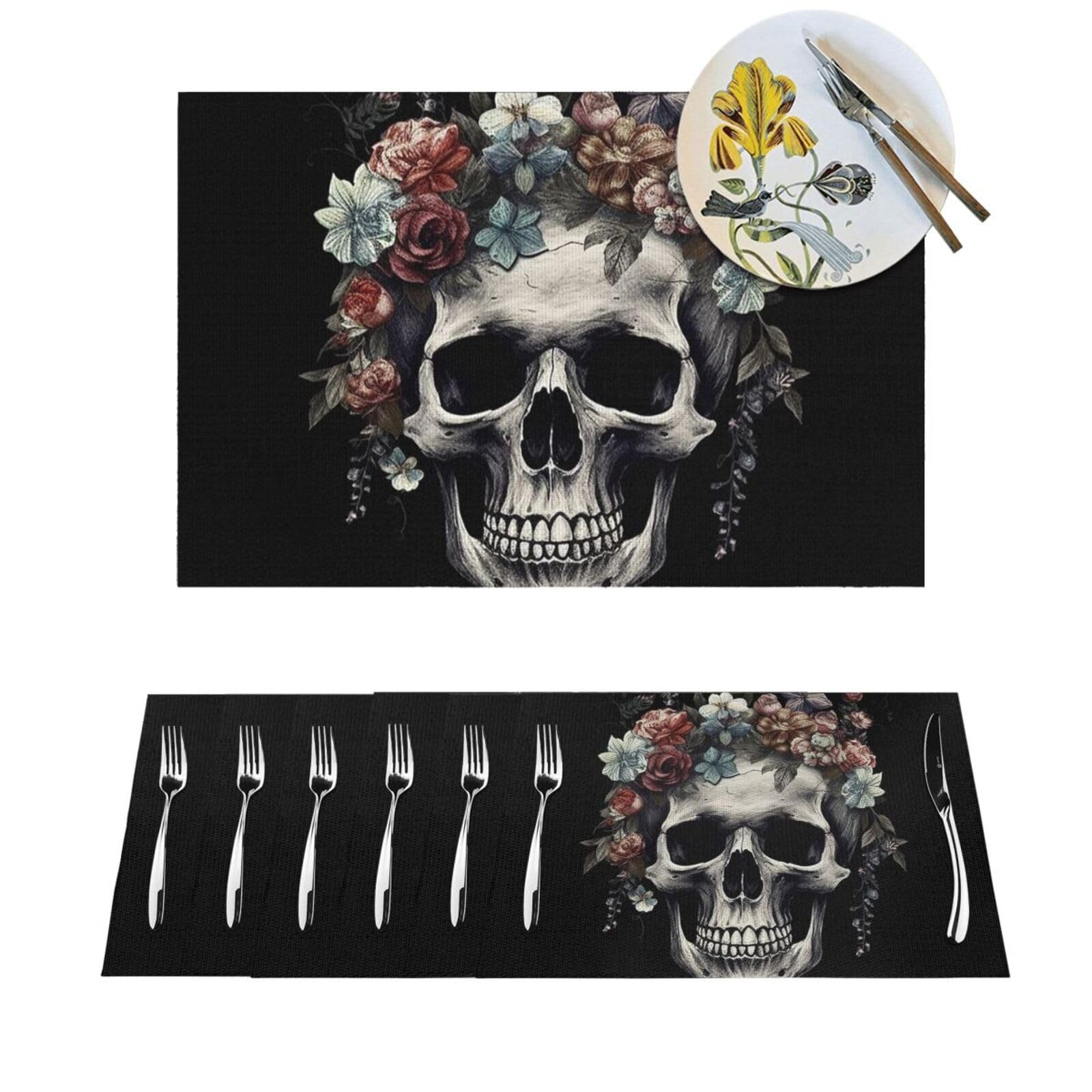 Sets de table tissés lavables tête de mort antidérapants et résistants chaleur pour cuisine