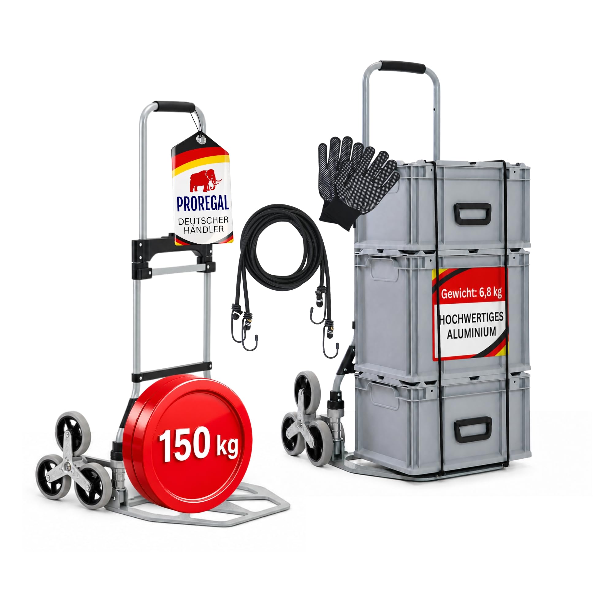 PROREGAL Klappbare Treppensackkarre Elephant | große Schaufel | Traglast 150kg | 6,8 kg leicht | Aluminium, Vollgummireifen Teleskopgriff 100 cm | Silber | Sackkarre Transportkarre für Treppen