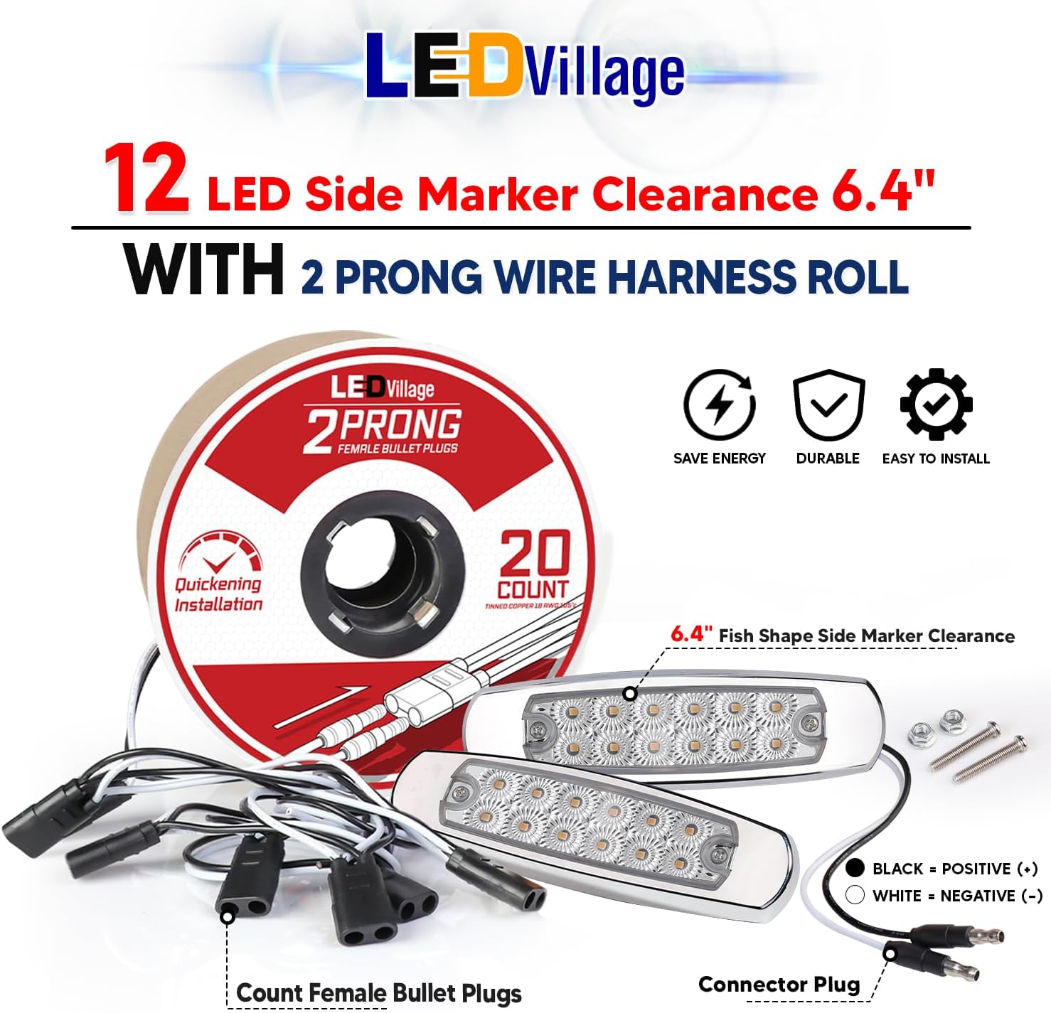6.4 Inch 20 Pcs Fish Shape Clear Lens Amber LED with Connector and 2 Prong Harness Roll Female Plugs, Side Marker Lights for Trailer Truck RV SUV Pickup 12V DC