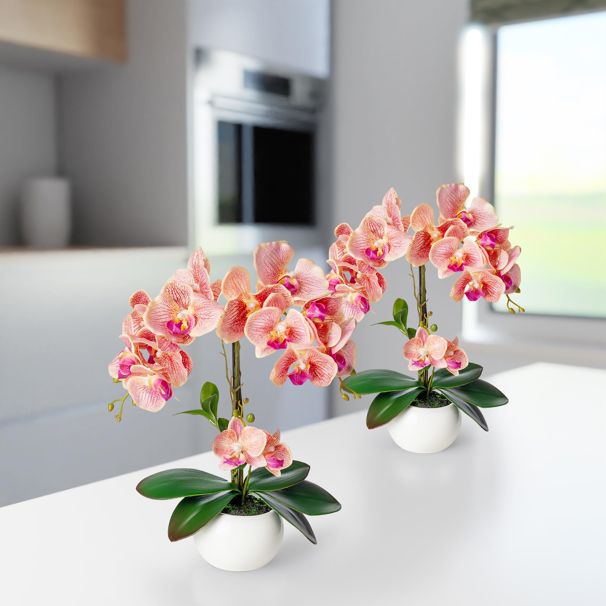 PASCH Kunstbloemen in pot (35 cm), set van 3 kunstorchideeën, kunstmatig afgestemde arrangement in hoogglans-keramische potten, decoratieve bloemen, kunstorchideeën (wit-rosé