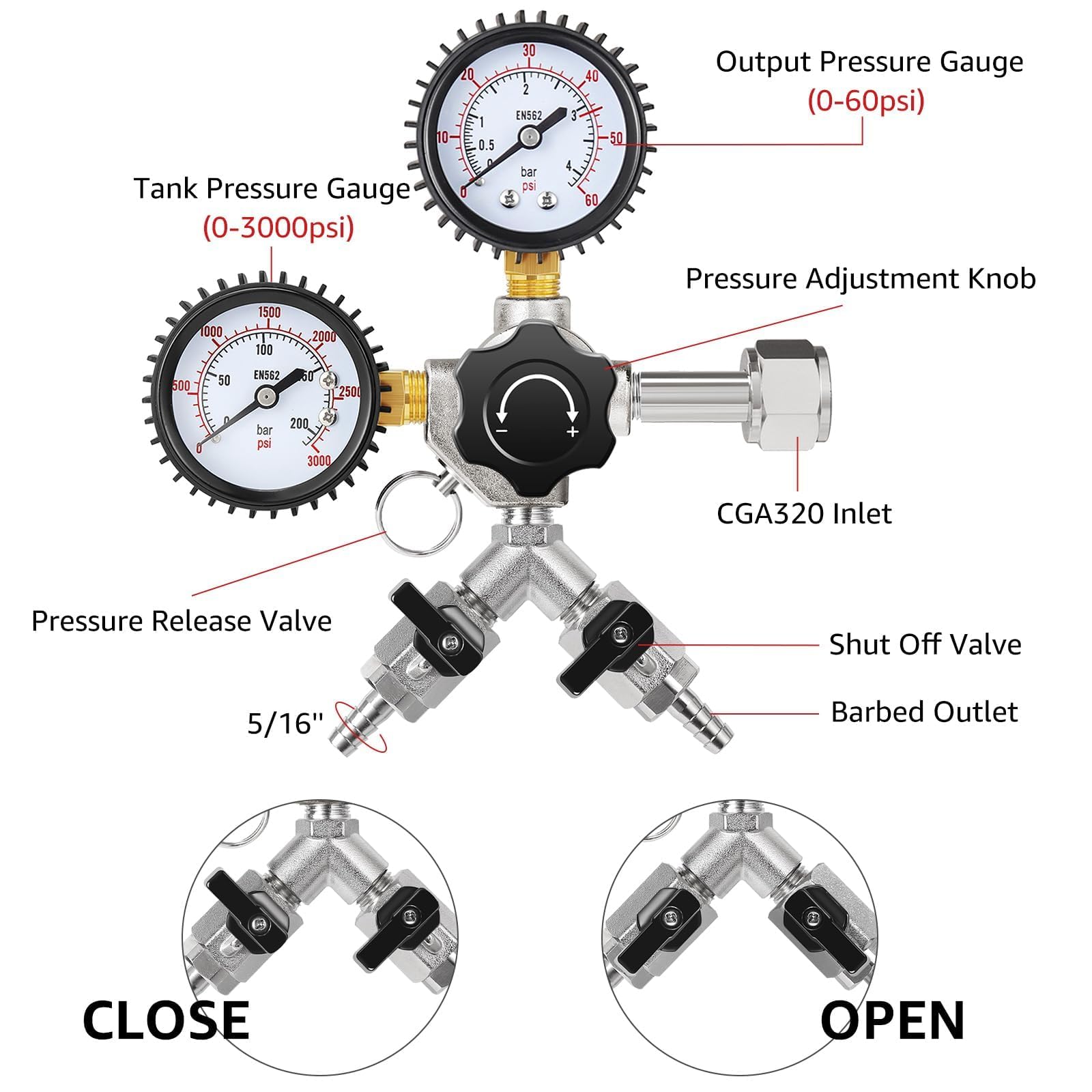 MRbrew Régulateur de CO2 à double sortie pour Kegerator Régulateur de bière à double sortie CGA-320 avec pression de fonctionnement de 0 à 60 PSI et pression du réservoir de 0 à 3000 psi, équipement