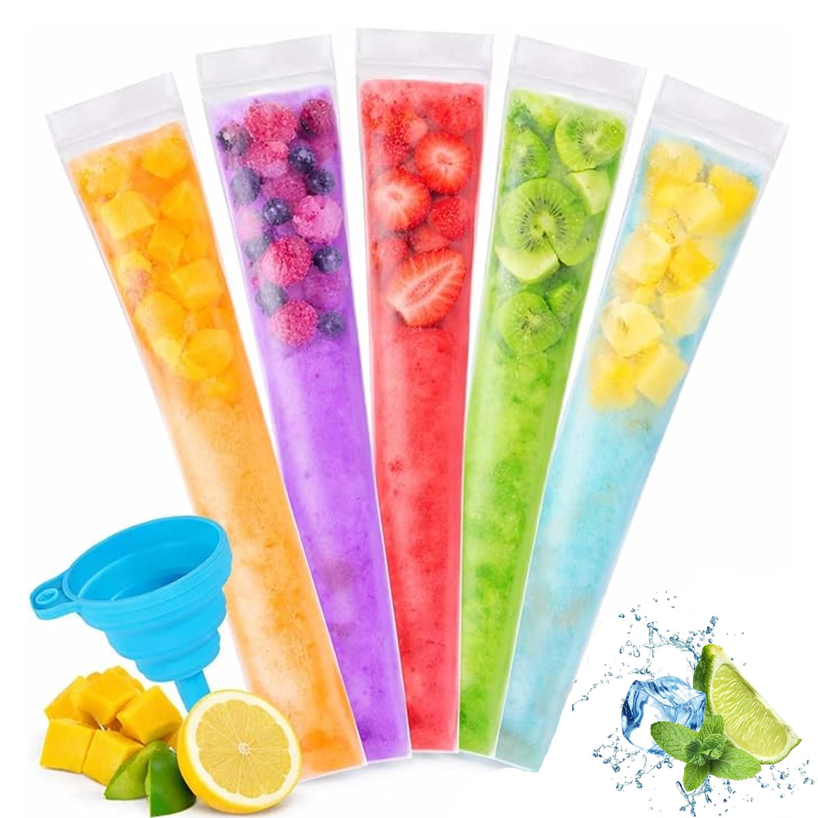 Food-grade Disposable Popsicle Bags, Disposable Popsicle Mold Bags, Freezer Tubes for DIY Ice Popswith Zip Seals, Yogurt, Juice, Reusable Popsicle Bags for Freezer with A Funnel (100PCS)