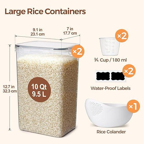 Miniatura 2 de ComSaf Juego de 2 recipientes de arroz (9.5L10 cuartos de galón), grandes recipientes herméticos para almacenamiento de alimentos con tapa y