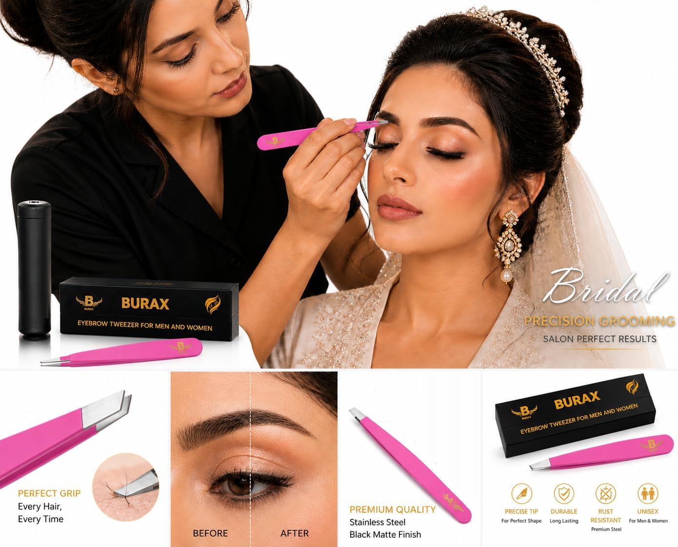 Professional Eyebrow Tweezers, Precision Slant Tip Stainless Steel Tweezers for Women & Men, Eyebrow Hair Remover for Ingrown Hair, Splinters, Facial Hair & Beauty Grooming (Pink (Special For Women)) image 5