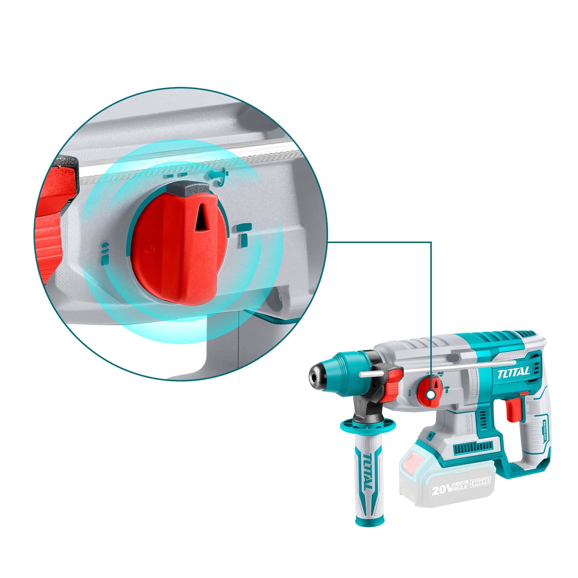 TOTAL - Martillo Combinado a Batería 20V - Motor Brushless Sin Escobillas - Luz LED - 3 Brocas SDS Plus y Cincel - Capacidad de Perforado 26mm - Fuerza Impacto 2J- No incluye Batería ni Cargador