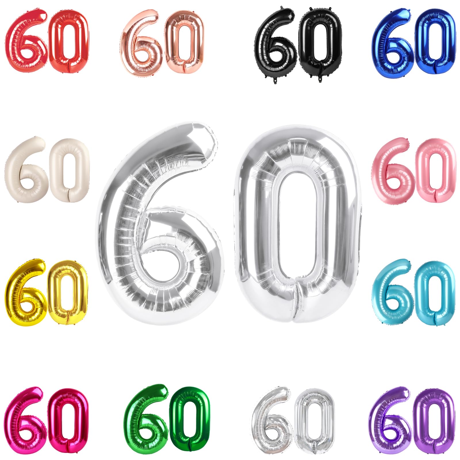 60 Balloon Number, Silver Number 60th Birthday Balloons 40 Inch, 60 Years Old Silver Birthday Decorations for Men Women, 60th Anniversary Decorations
