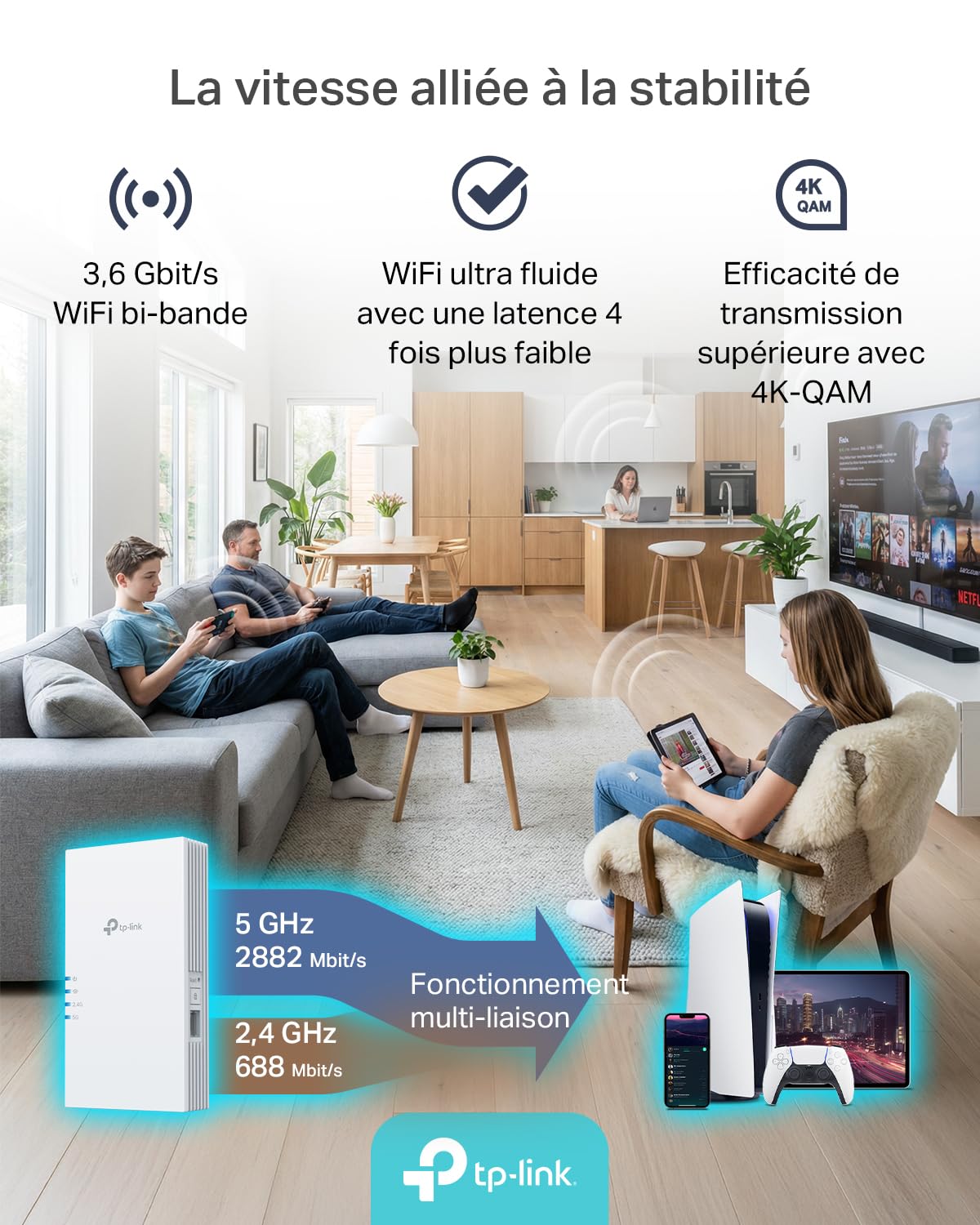 TP-Link Répéteur WiFi 7 RE220BE, Amplificateur WiFi Puissant 3.6Gbps, Port Ethernet Gigabit, Couvre jusqu'à 150 m², Compatible avec Toutes Les Box Internet, Profitez sans Changer Votre Box