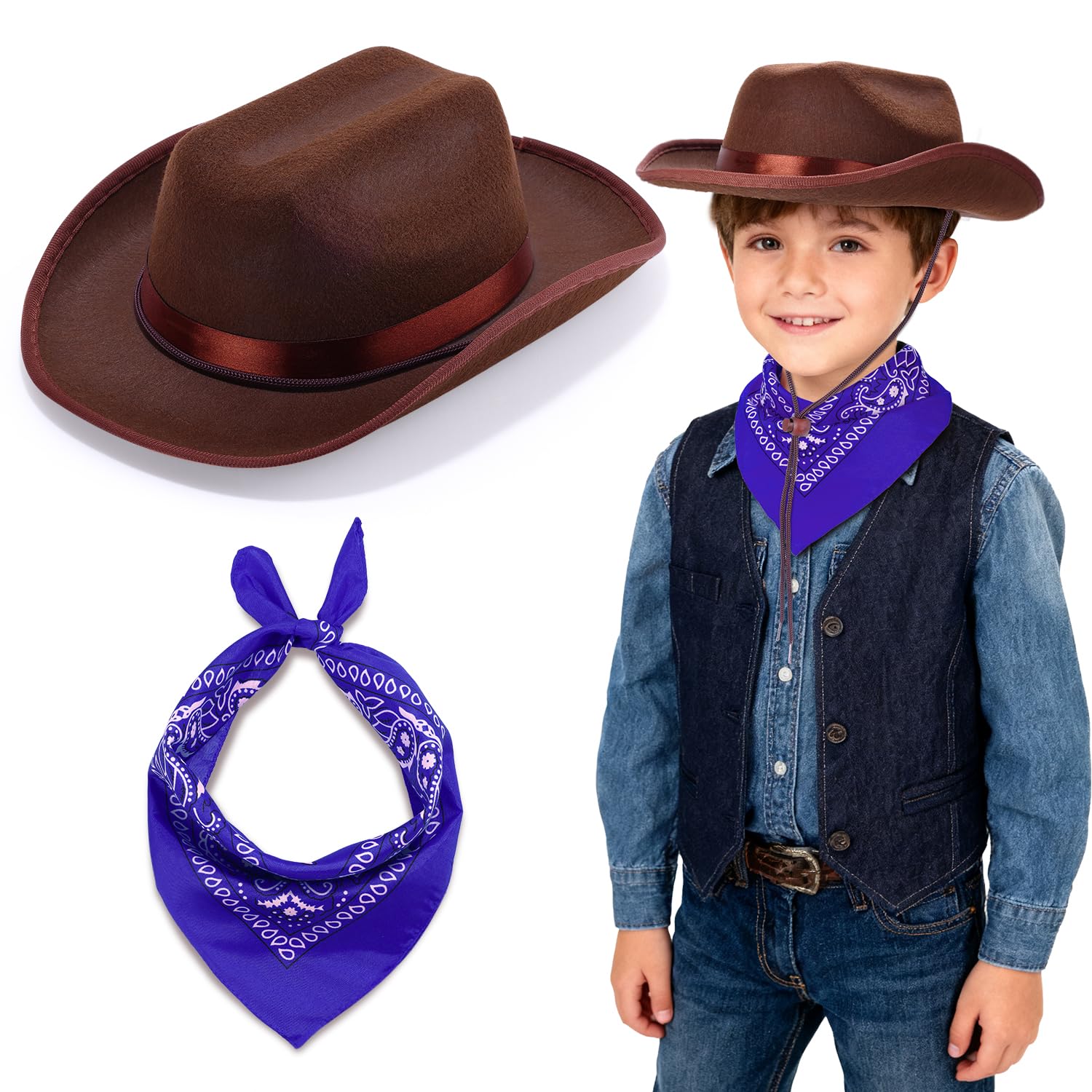 Toddler Cowboy Hat & Bandana, Felt Cowboy Hats for 3-8, Western Cowgirl Halloween Costume for Kids, Boy and Girl