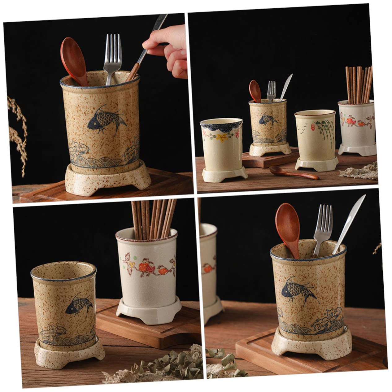YARNOW Porte-baguettes Trous D'égouttage en Céramique de Style Japonerie Support Élégant et Fonctionnel pour Ustensiles Cuisine, Cuisine Présents de Pendaison de Crémaillère