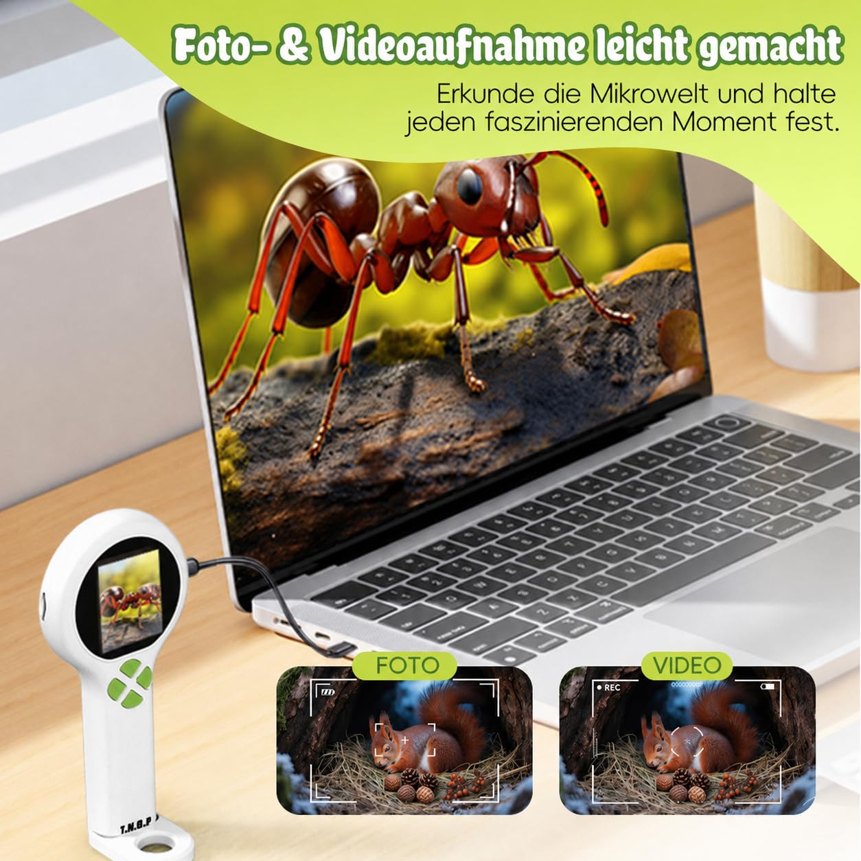 Microscopio per bambini con fotocamera endoscopica, microscopio digitale tascabile 2 in 1 con schermo HD e ingrandimento fino a 500x, foto e video, luce LED, ricaricabile tramite USB