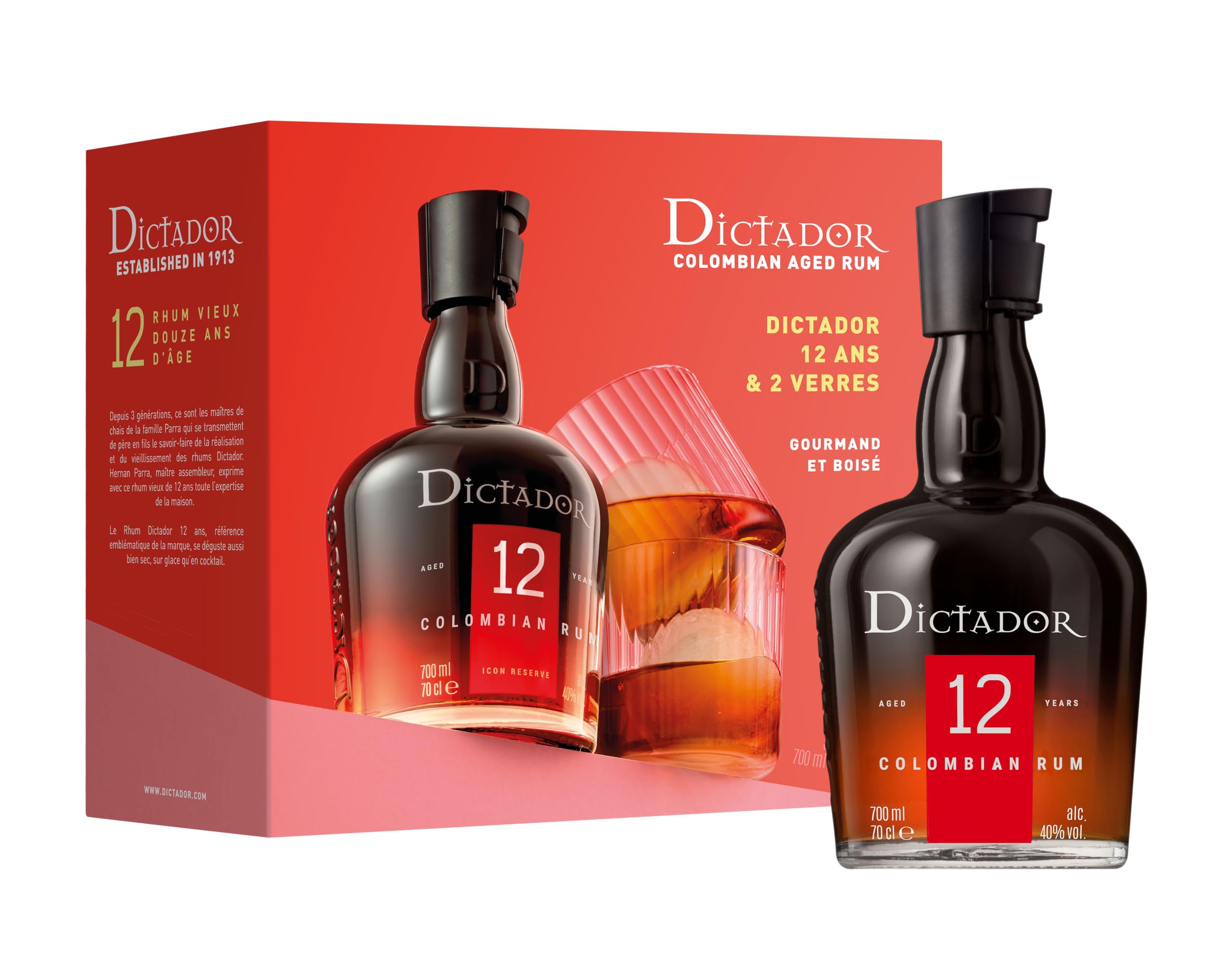 DICTADOR - 12 ans Coffret 2 verres - Rhum - Origine : Colombie - 40% Alcool - Notes de vanille & épices - A déguster pur - 70cl