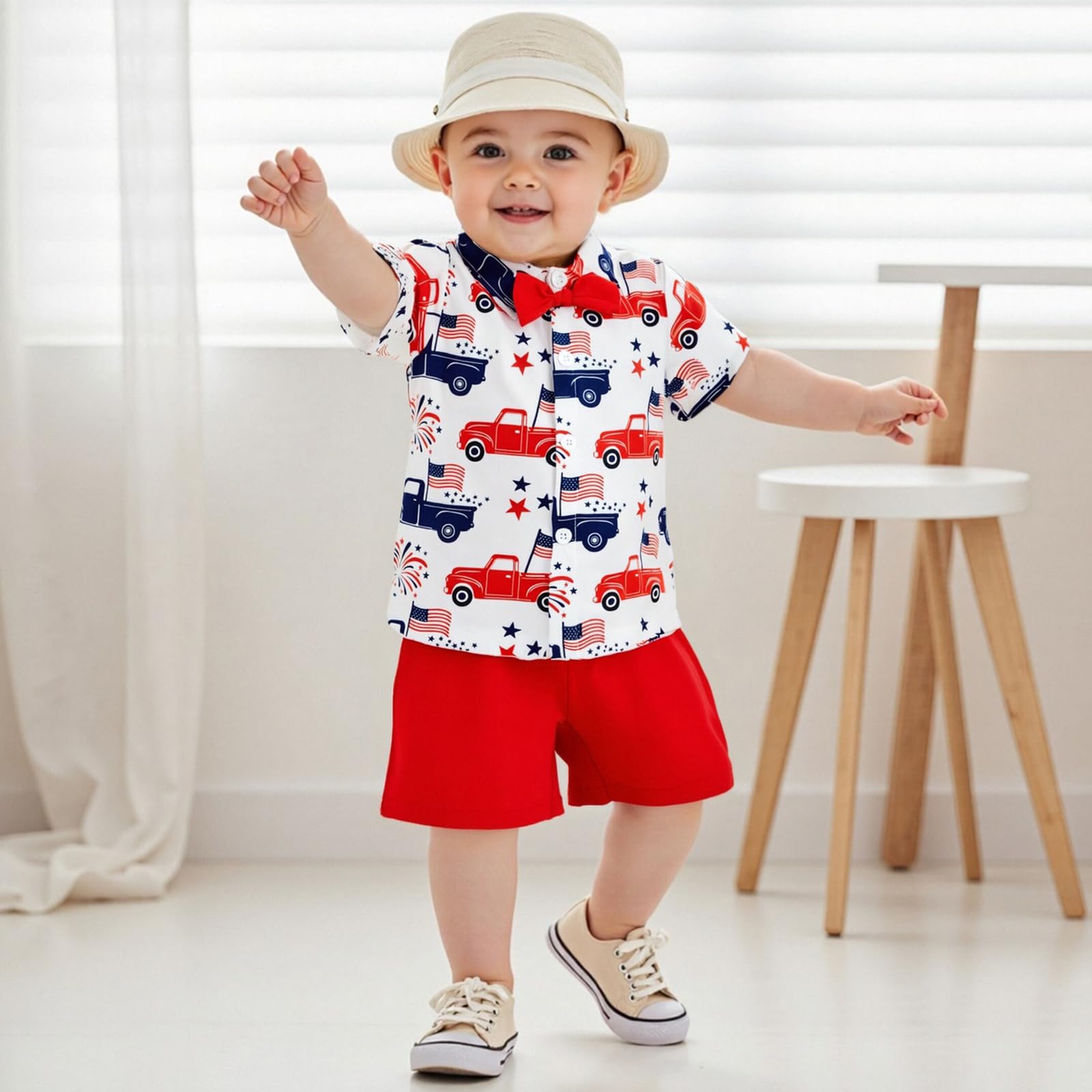 DSOKUHIB Toddler Baby Boy 4th of July Clothes Star Stripe Print Short Sleeve Button Down Shirt Shorts Set Memorial Day Outfit (Red Car, 18-24 Months)