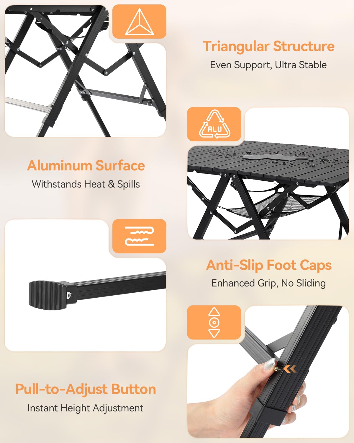 Sportneer Tavolo da campeggio pieghevole, pieghevole e portatile, con design ad apertura rapida, altezza regolabile da 41,9 a 70,1 cm, 89,9 x 59,9 cm, in alluminio leggero, con manico e tracolla per