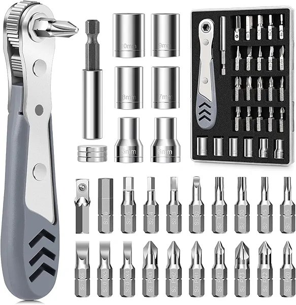 TUXIYA 30in1 Right Angle Screwdriver, 36-Tooth Mini Ratchet Wrench, Angle Screwdriver for Tight Spaces, Low Profile Offset screwdriver, Magnetic Ratchet Screwdriver Repair Tool