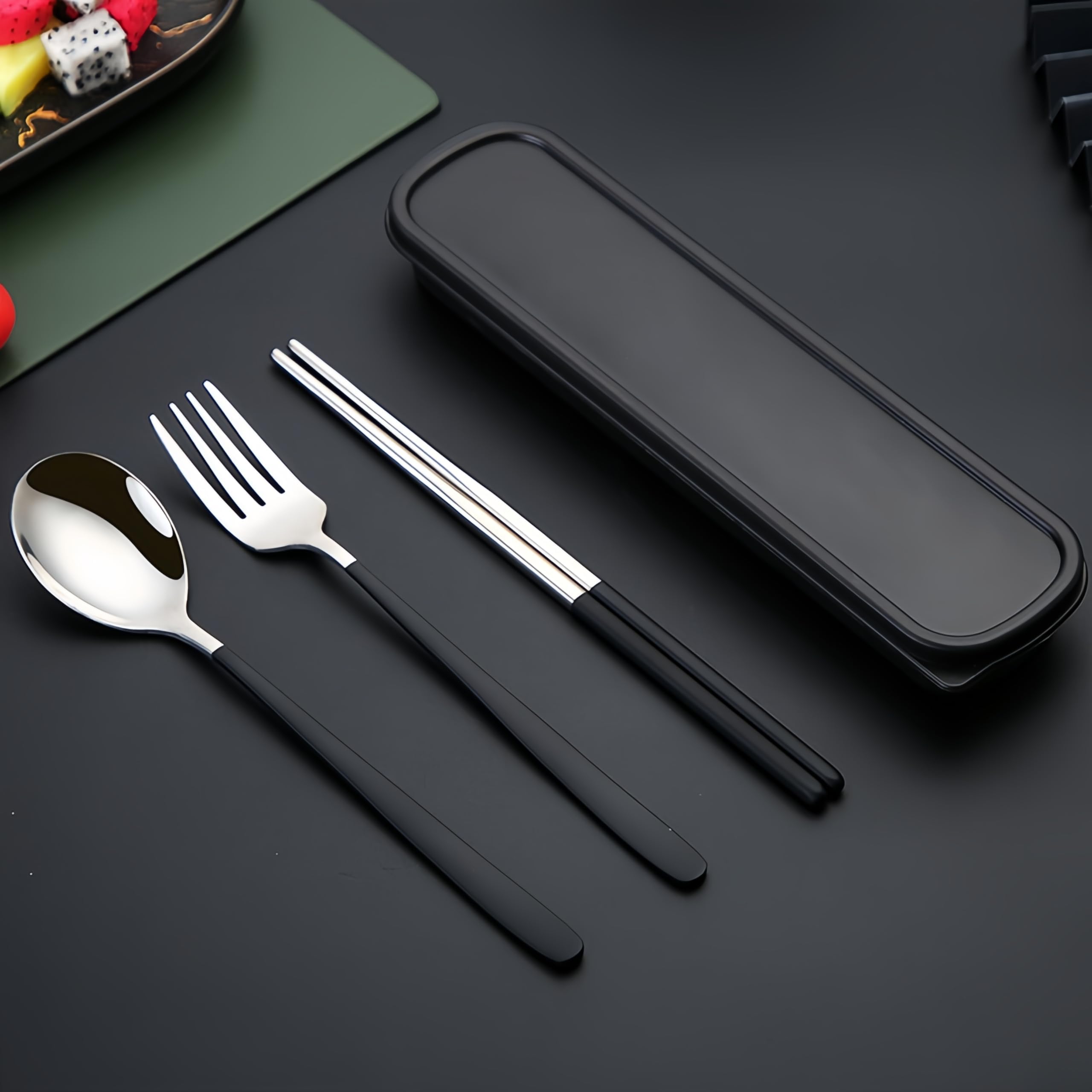 3pcs Travel Utensils with Case,Portable Silverware Set for Work, Stainless Steel Reusable Travel Cutlery Set, Fork and Spoon Set for Camping, Picnic, Gadgets, Lunch Box for Men, Black