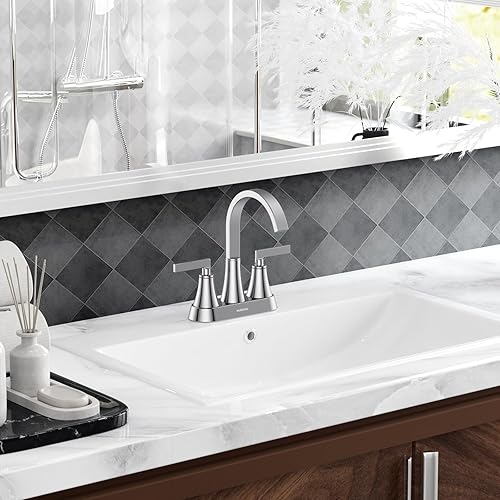 Miniatura 6 de Hurran - Grifo para lavabo de baño, cromado de 4 pulgadas, 3 agujeros con drenaje emergente y líneas de suministro, grifo de cascada giratorio de