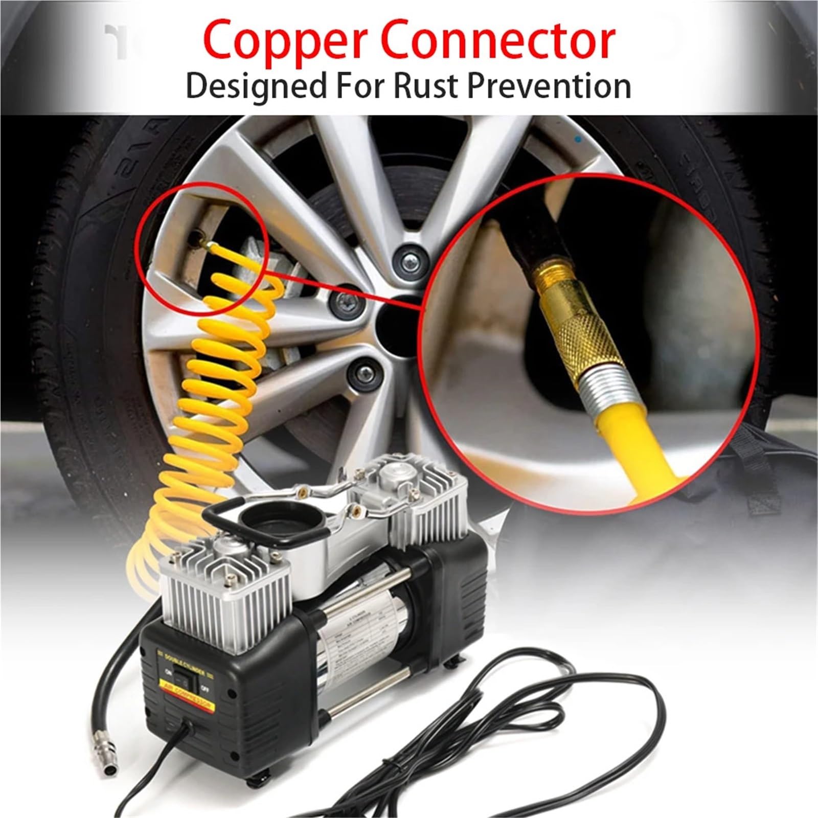 Compressore d'aria 12 V 150 PSI 60 L Pompa di gonfiaggio pneumatici auto Kit portatile 4 ruote motrici a pressione doppio cilindro Set di attrezzi 1 pezzo