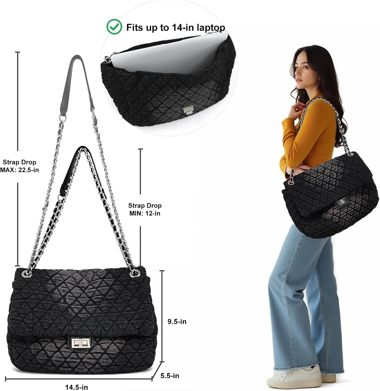 Quilted Denim Purse, Shoulder Bag for Women, Crossbody Flap Tote Bag,Silver Chain Hobo Bag, Vintage Washed Jean Purse - Image 6