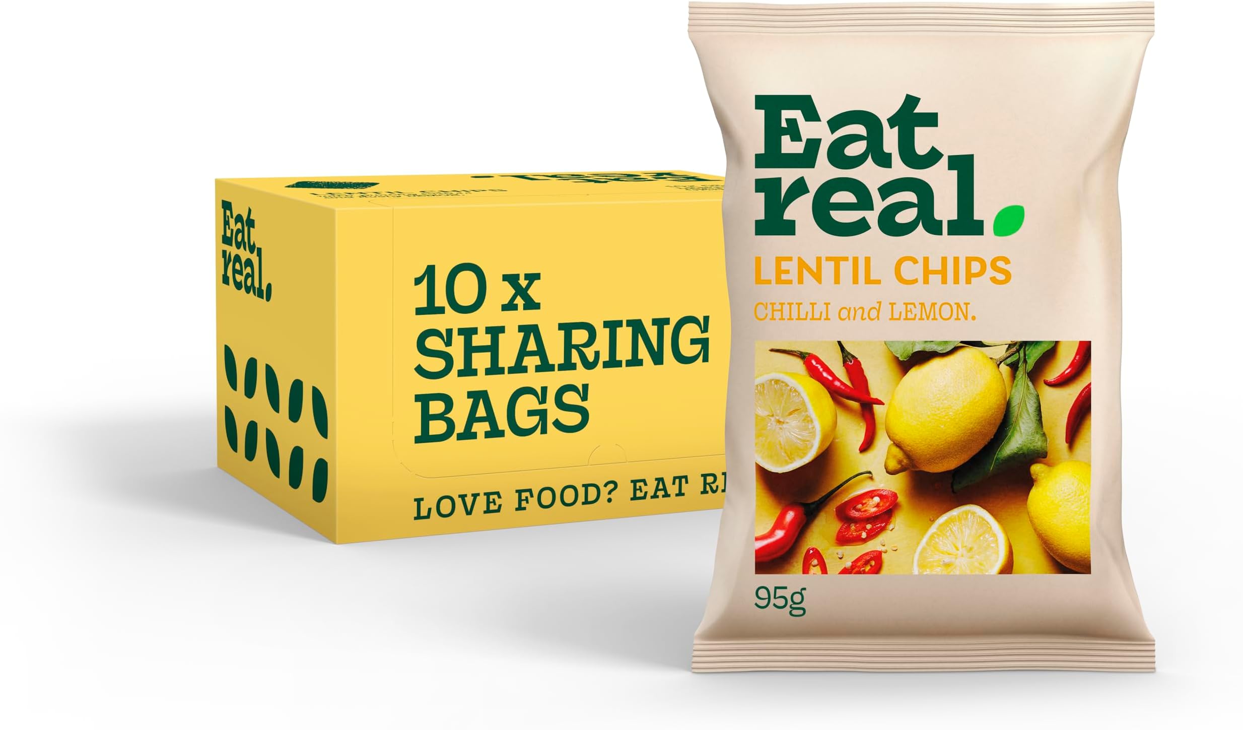 Eat Real, Lentil Chips, Chilli & Lemon, 10 X 95g, Gluten-Free Crisps Multipack, Vegan-Friendly, Healthy Snacks, 30% Less Fat