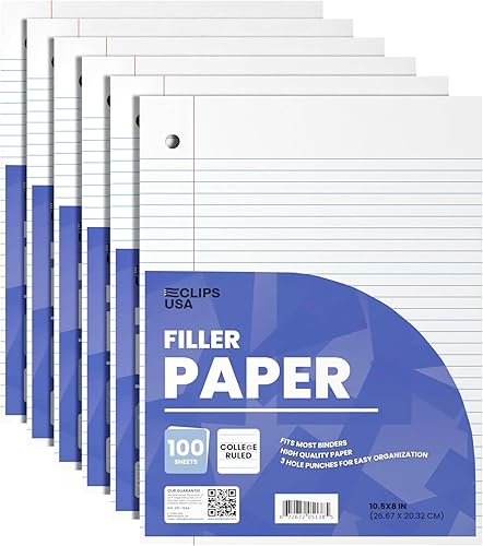 Papel para cuaderno, papel de hojas sueltas (paquete de 6), papel rayado universitario, 10.5 x 8 pulgadas, papel de relleno, 100 hojas por paquete,