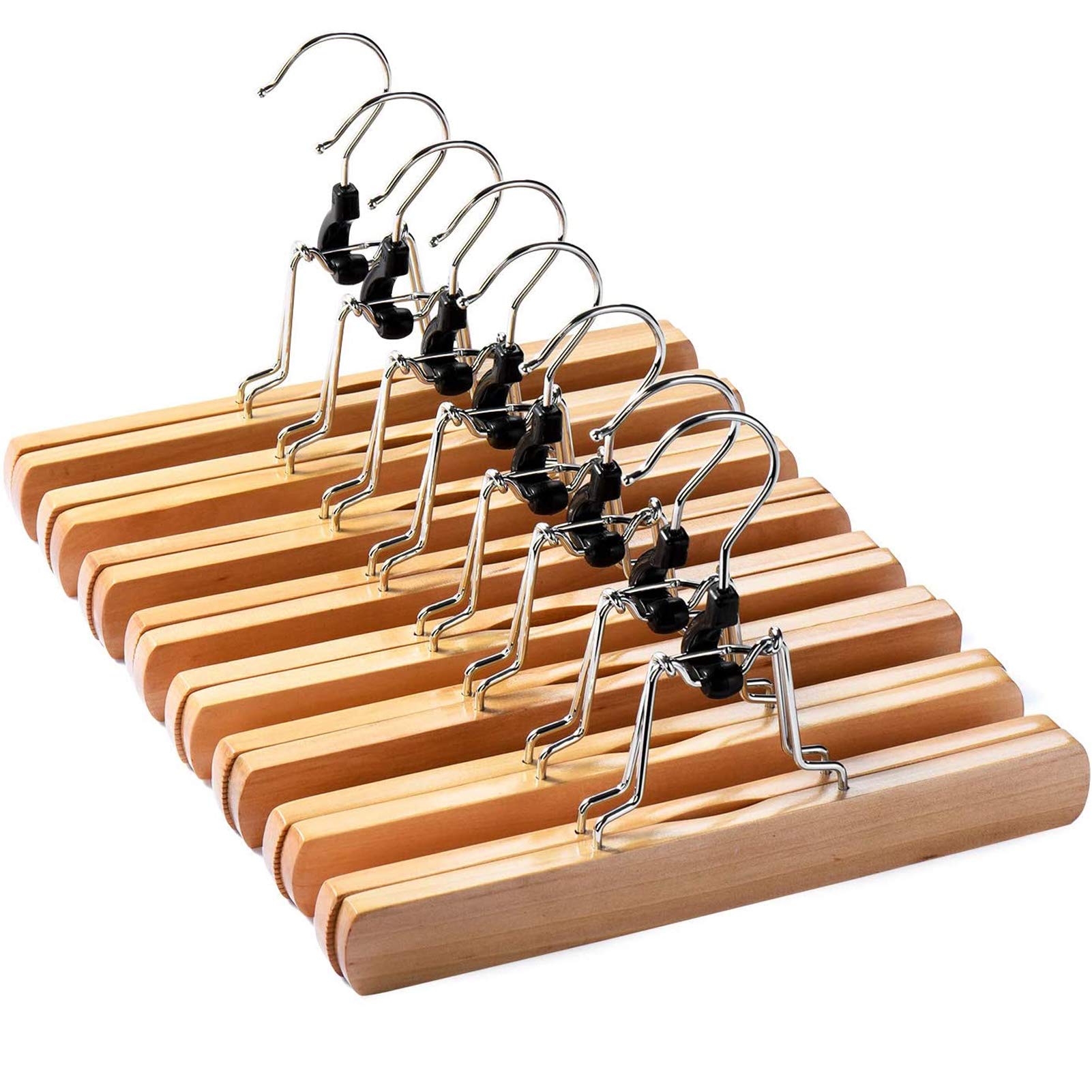 HOUSE DAY Wooden Pants Hangers 20 Pack Non Slip Skirt Hangers, Smooth Finish Solid Wood Jeans/Slack Hanger with 360° Swivel Hook - Pants Hangers for Skirts, Slacks - Clamp Hangers