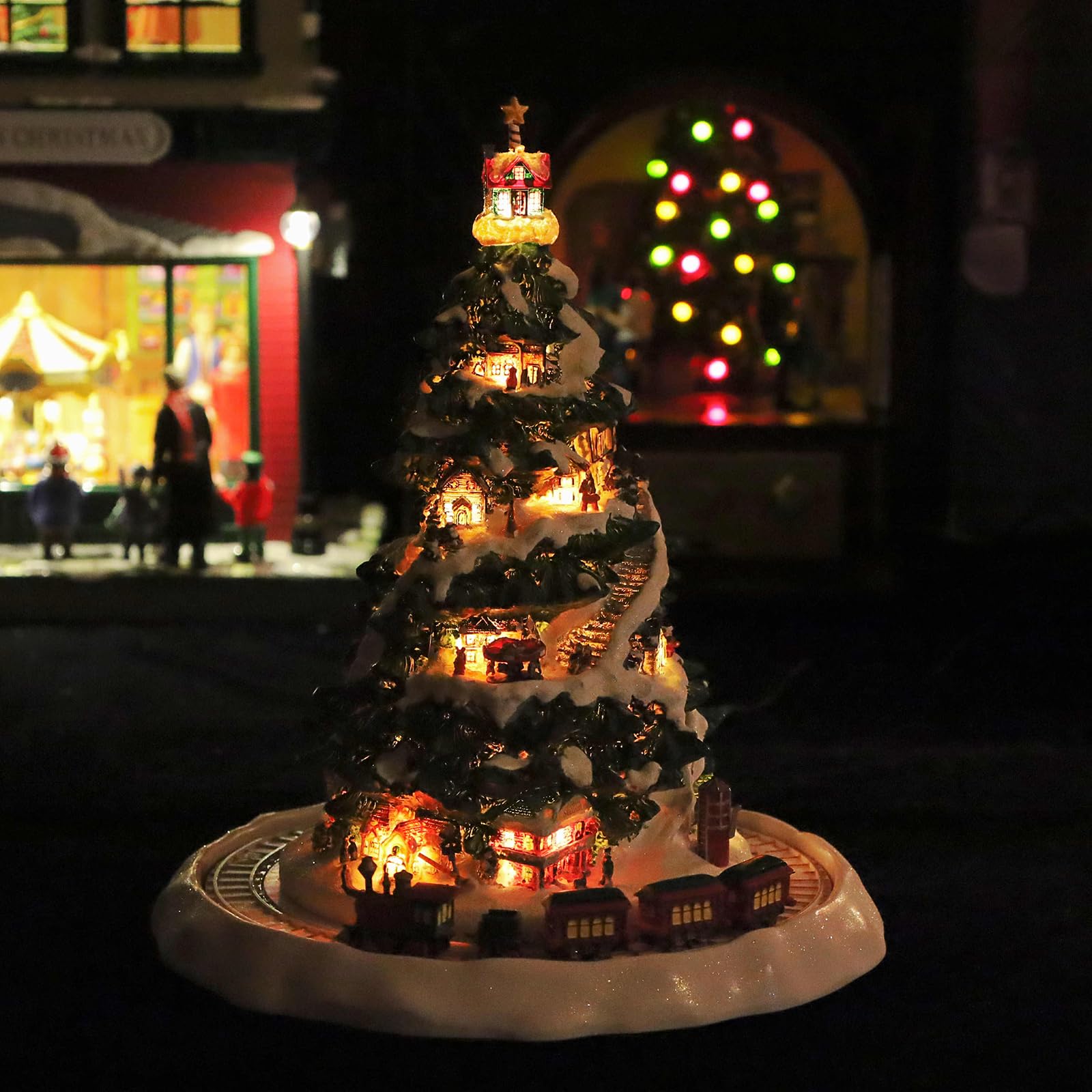 Village De Noël Animé, Maison De Noël en Résine, Lumières LED Intégrées Et 30 Mélodies, avec Petit Train Rotatif, Alimentation 9V, Idéal comme Décoration De Bureau Ou De Cheminée