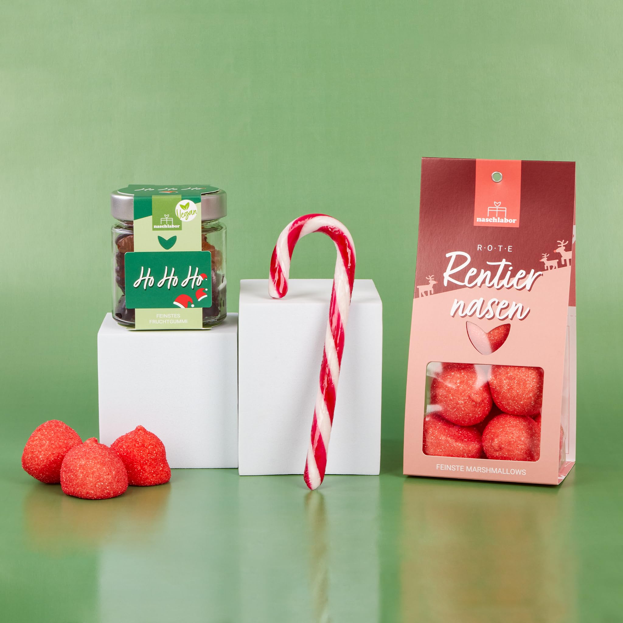 3er Set Zuckerstange, Marshmallows Rentiernasen & vegane Fruchtgummis Ho Ho Ho | Festliches Weihnachts-Set | Geschenkidee für Kinder, Freunde & Kollegen | Perfekt für Advent, Nikolaus & Weihnachten