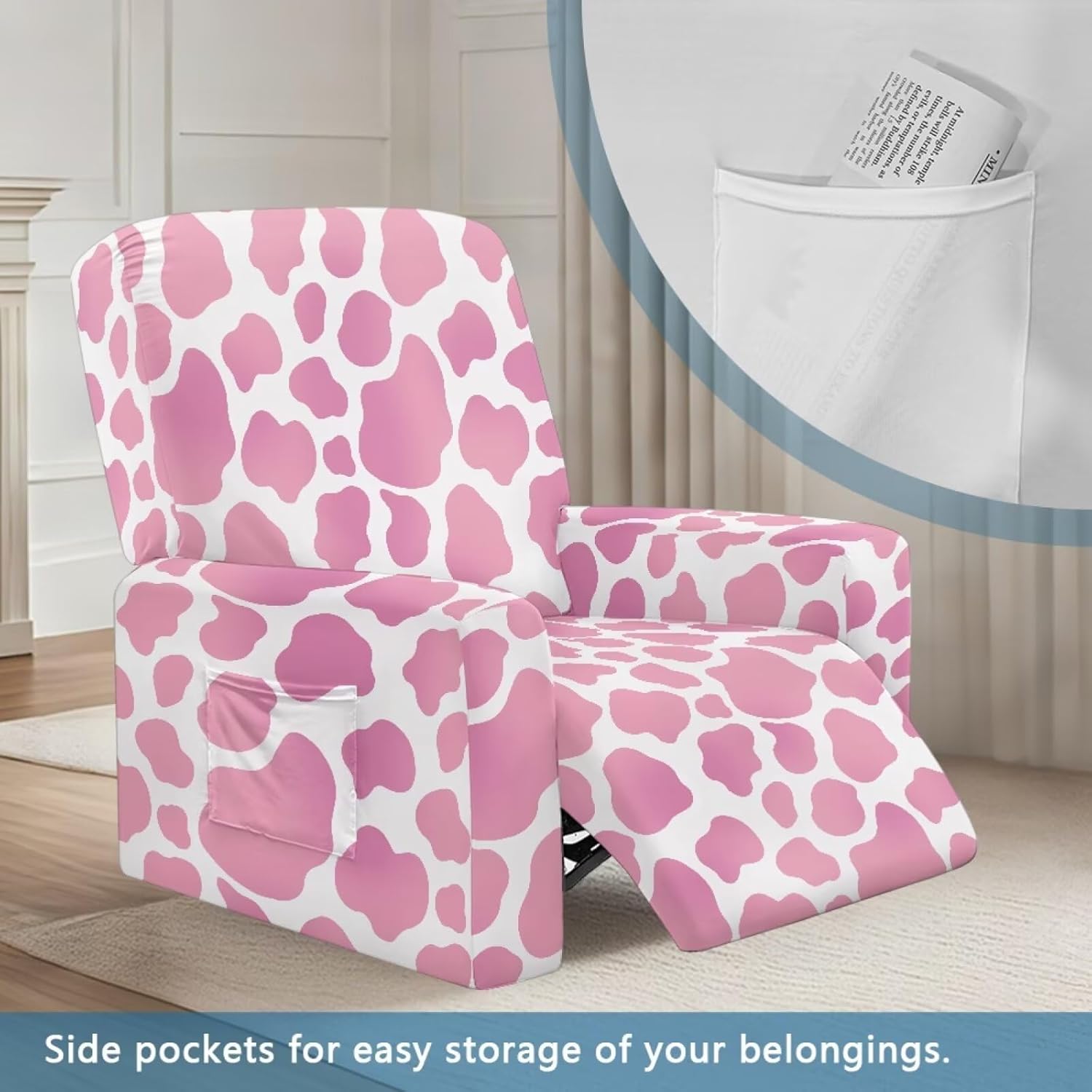 Pink Cow Print Recliner Covers That Stay in Place Chair Arm Covers Protectors Lazy Boy Recliner Covers Fitted Non Slip Reclining Slipcovers for Pets Kids Soft Stretchy Reclining Couch Covers