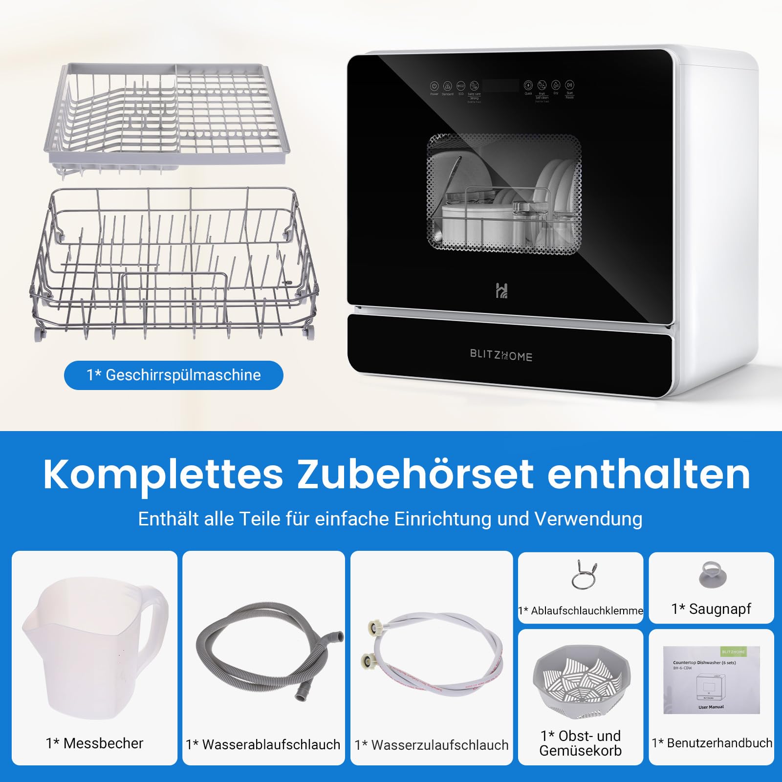 BLITZHOME Mini Geschirrspüler 9 Programme Tischgeschirrspüler 5,2L Wassertank Smart App Steuerung