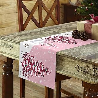 Christmas Table Runner - Cotton Linen 72 Inches, Snowman Rustic Pink Snowflake Bed Runner Dress Scarves, Farm Xmas Tablerunner for Dining/Holiday/Coffee Table 13" x 72"