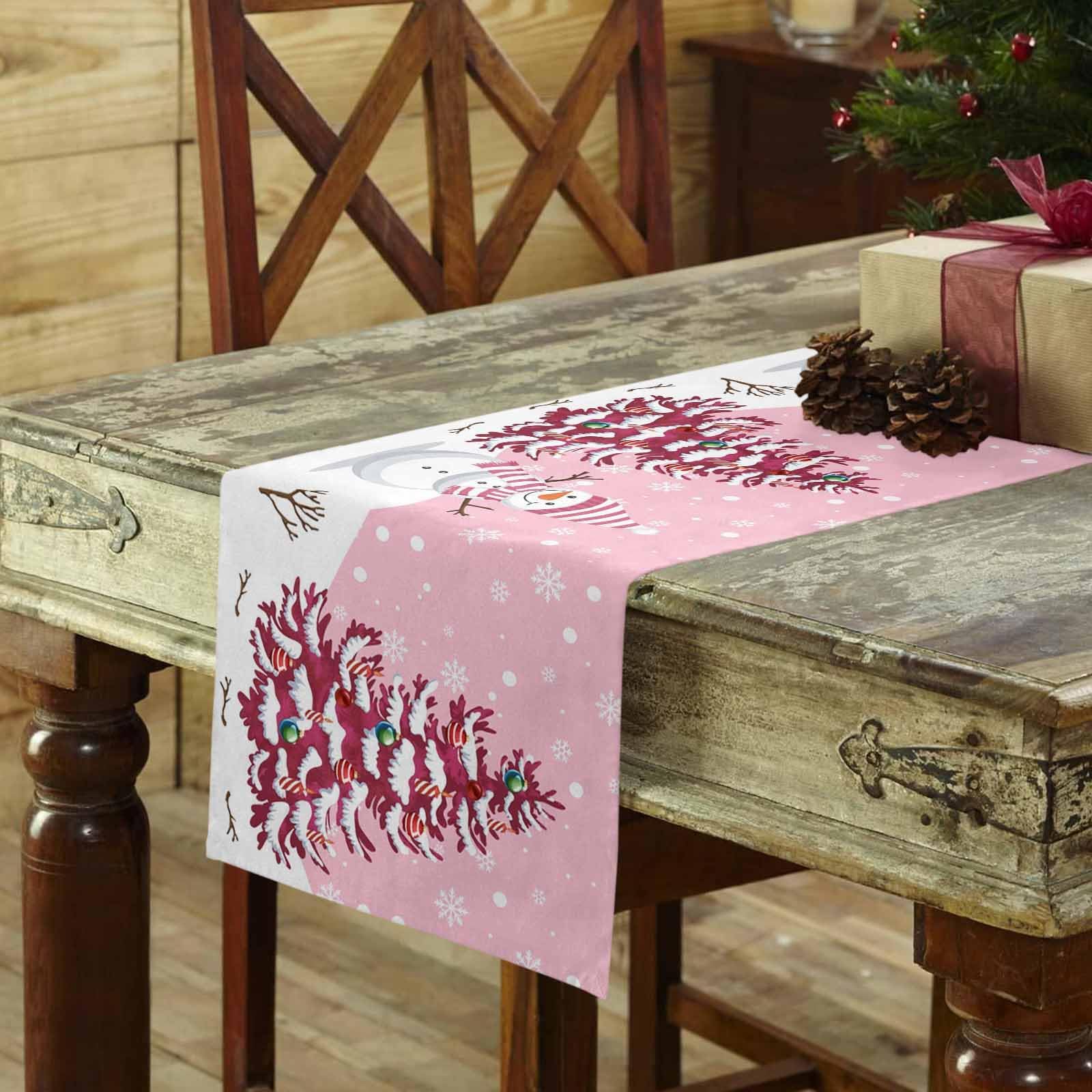 Christmas Table Runner - Cotton Linen 72 Inches, Snowman Rustic Pink Snowflake Bed Runner Dress Scarves, Farm Xmas Tablerunner for Dining/Holiday/Coffee Table 13" x 72"