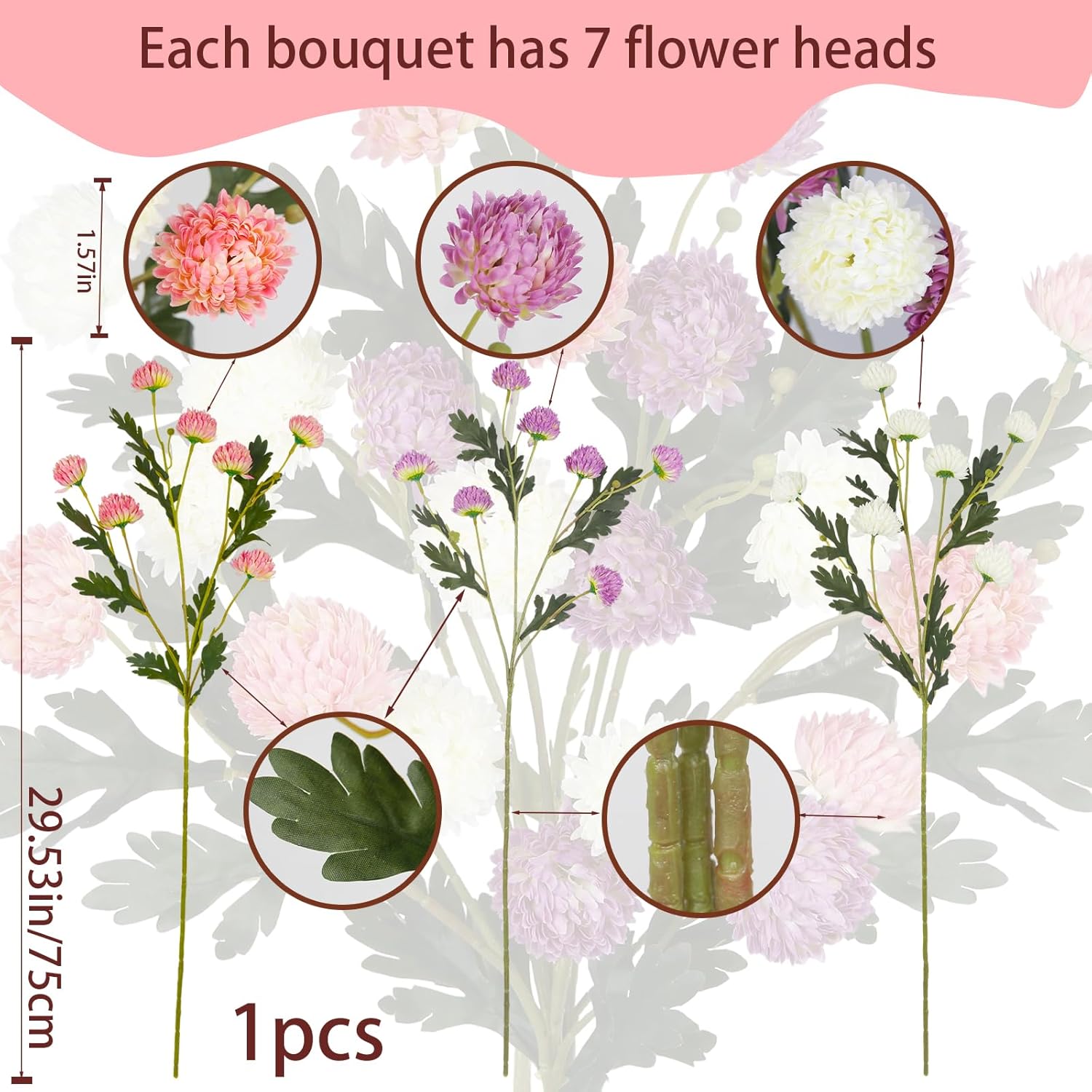 3 Pcs Fake Mums Artificial Flowers for Decoration Faux Kiku Flowers Floral Stems Pom Pom Fake Mums Balls Small Silk Chrysanthemum for Vase Indoor Home Decor Arrangement Table Centerpiece - Image 2