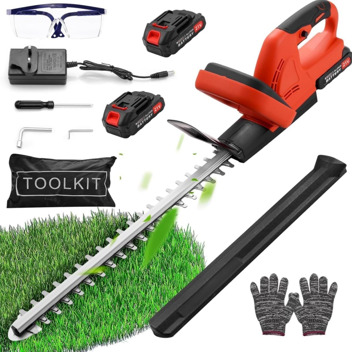 Cortasetos Inalámbrico de 21 V con 2 * 3000 mAh Baterías y Cargador, Longitud de la Hoja de 51 cm, Separación Entre Dientes, Eléctrico, para Podar Arbustos, Mantenimiento del Jardín
