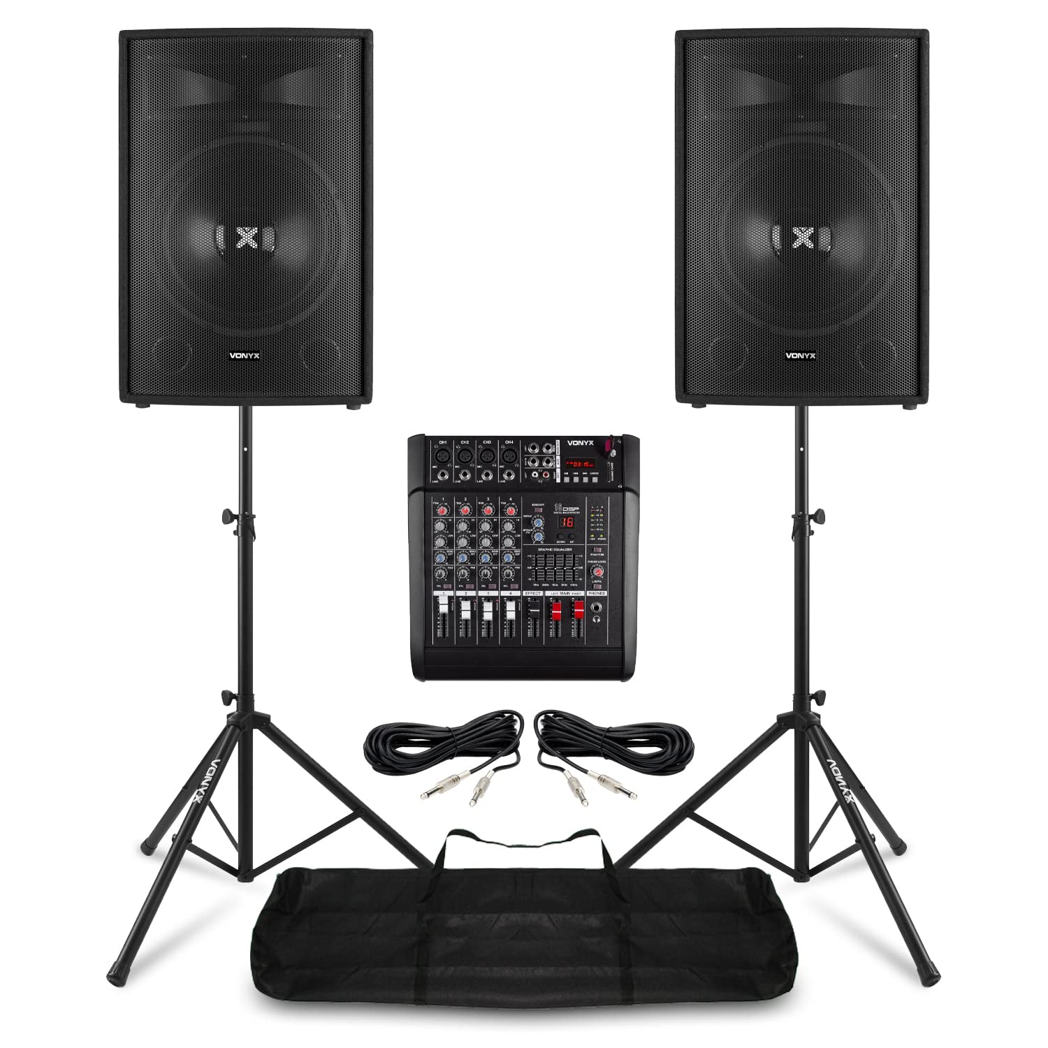 Vonyx 15" PA System Package – 2x Passive Speakers, 5-Channel Mixer Amp with Bluetooth, 2 Speaker Stands, Cables – Complete PA Set for Bands, Singers, Events, Church Audio, Mobile DJ, Live Sound