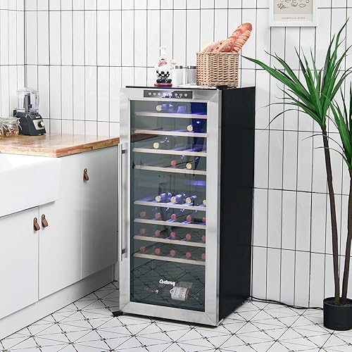 COSTWAY Refrigerador enfriador de vino de 20 pulgadas, refrigerador de vino de doble zona con 8 estantes de madera para 43 botellas de vino,