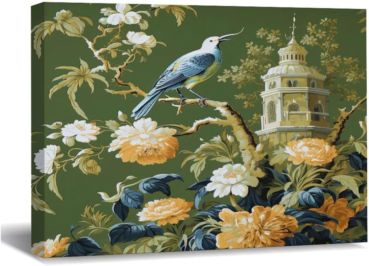 Wall Art Canvas 20x16in,Pagoda Garden Green Chinoiserie Canvas Wall Art Typography Home Office Wall Decor Prints Artwork for Bed Living Room Modern Paintings on Prints Birthday Gifts