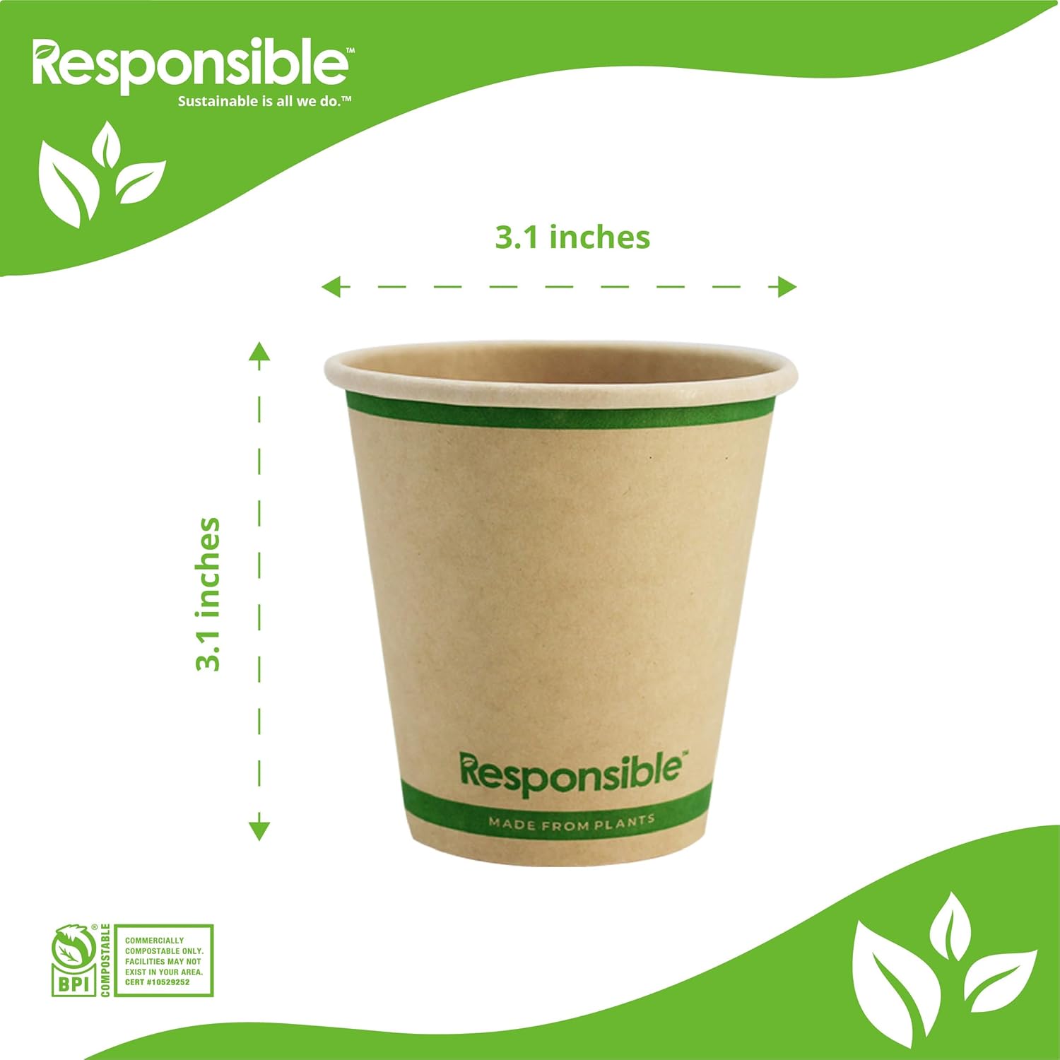 Responsible Products Certified Compostable 6 oz Paper Cups, Cold & Hot Coffee Cups, Disposable Paper Cups, Extra Strength Disposable Cups, Made without PFAS (50 count) - Image 2