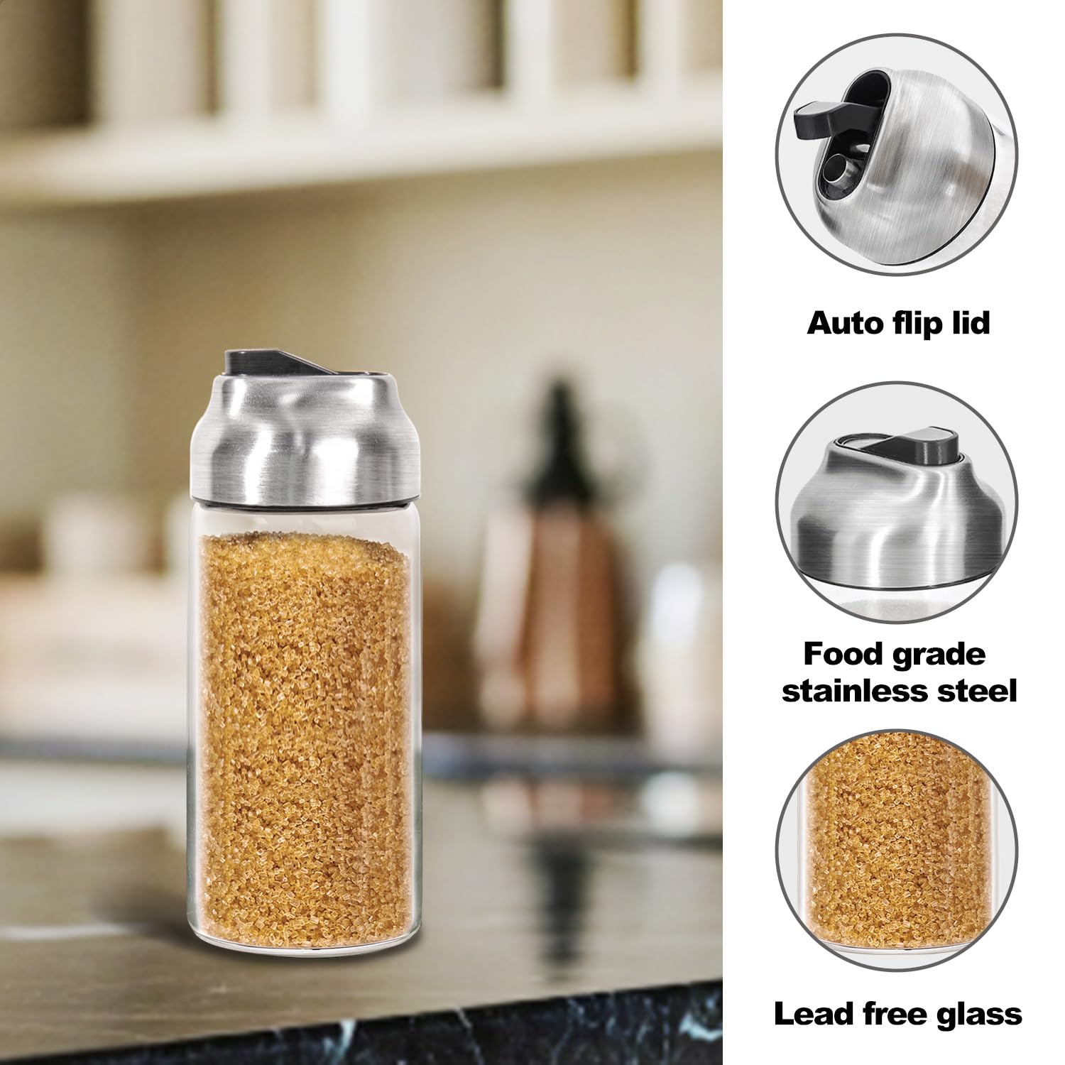 Juego de agitador dispensador de azúcar de vidrio para café, té, leche, 14 onzas, (paquete de 2)