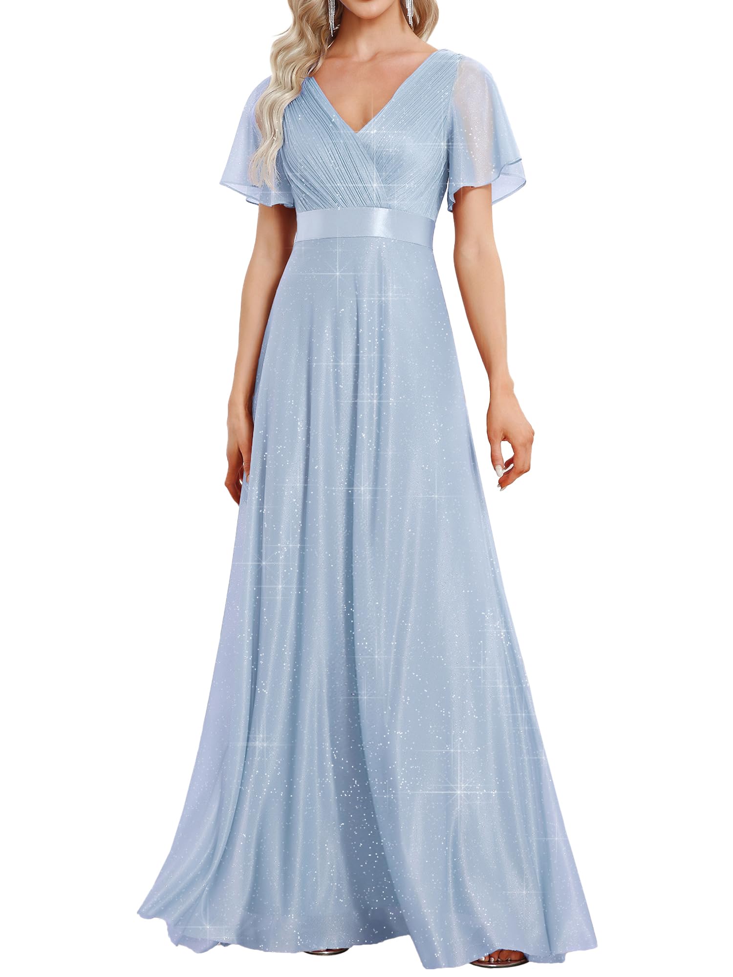 Ever-Pretty Vestido de Fiesta A-línea Largo para Mujer Escote en V Manga Corta Plisado con Lentejuelas EE50159