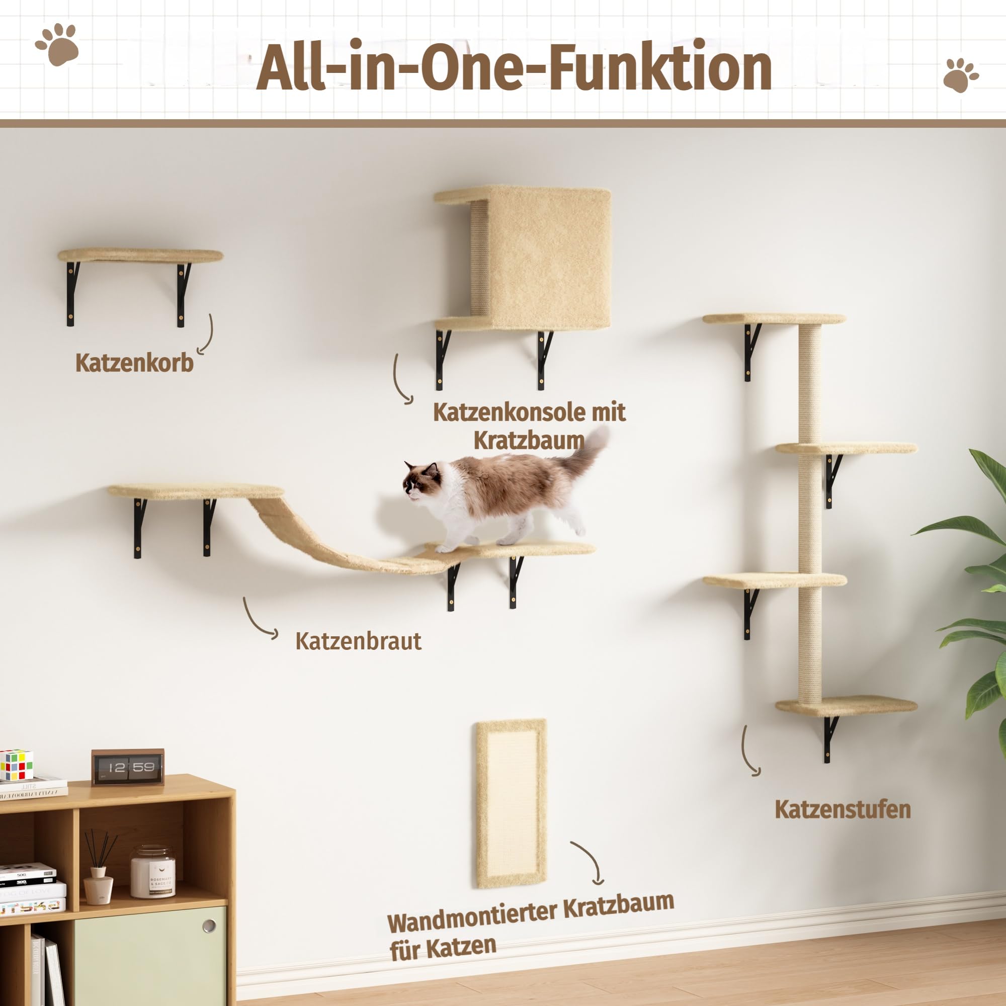 Katzen Kletterwand Set 5-teilig – Wandmontierte Katzenwand für Wohnungskatzen, mit Katzenhaus, Katzenbrücke, Kratzsäule & Kratzbrett, Platzsparend, beige