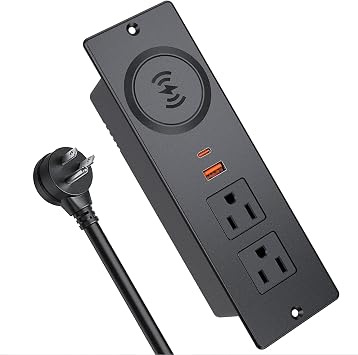 Recessed Power Strip with 15W Wireless Charger, Haiaoyyds Flush Mount Power Strip with 2 Outlets, 2 USB, and 6.56FT Flat Plug Cable, Furniture Recessed Outlet for Drawer, End Table, Sofa, Cabinet