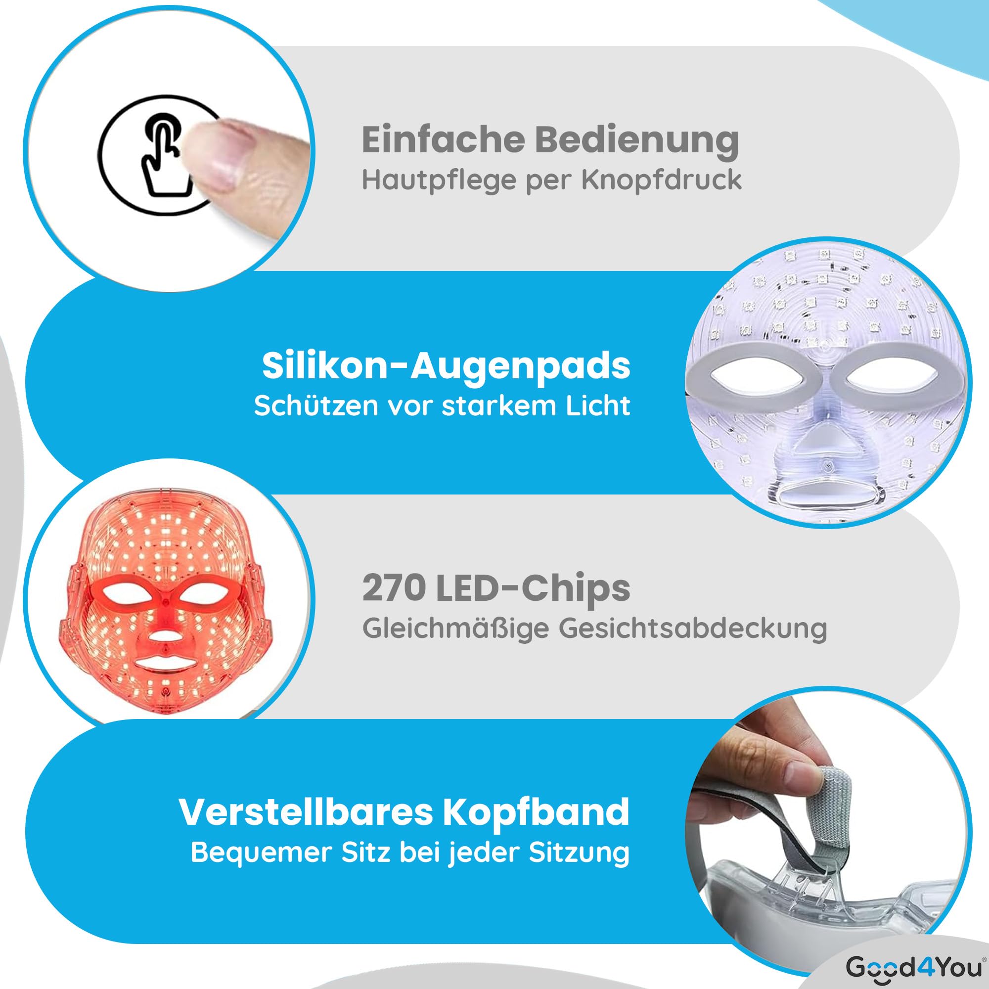 Good4You - LED-Gesichtsmaske - LED-Maske - LED-Maske Hautpflege - LED-Therapie - Gesichtsmaske - Akne-Behandlung - Infrarot-Therapie - Infrarotlampe - Lichttherapie- 7 Farben - Timer - Weiß