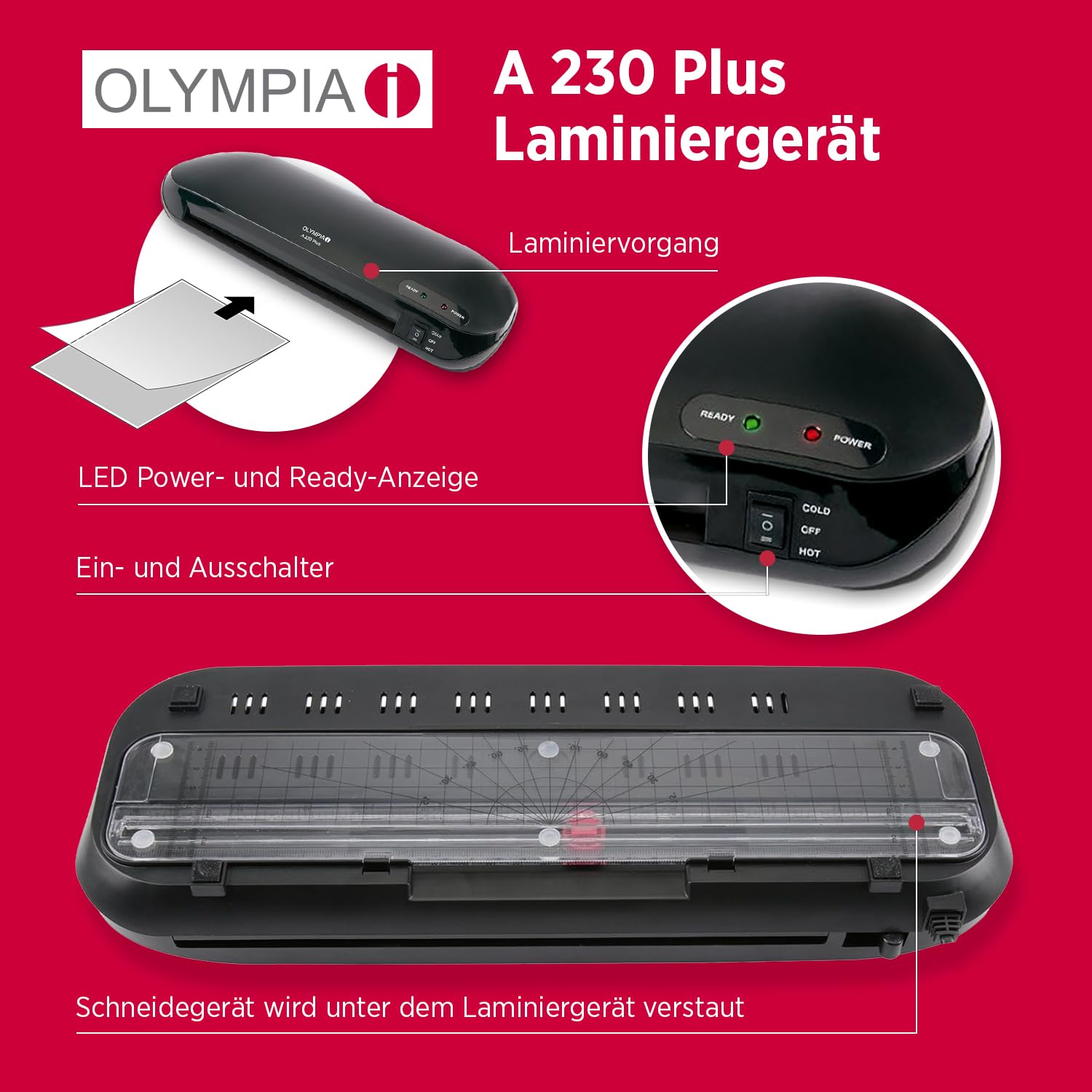 Olympia A 230 Plus zestaw do laminowania 4 w 1, laminowanie na gorąco i zimno, szybki czas nagrzewania, zestaw do laminowania z zaokrąglonymi narożnikami, przecinakiem do papieru i folią, idealny do