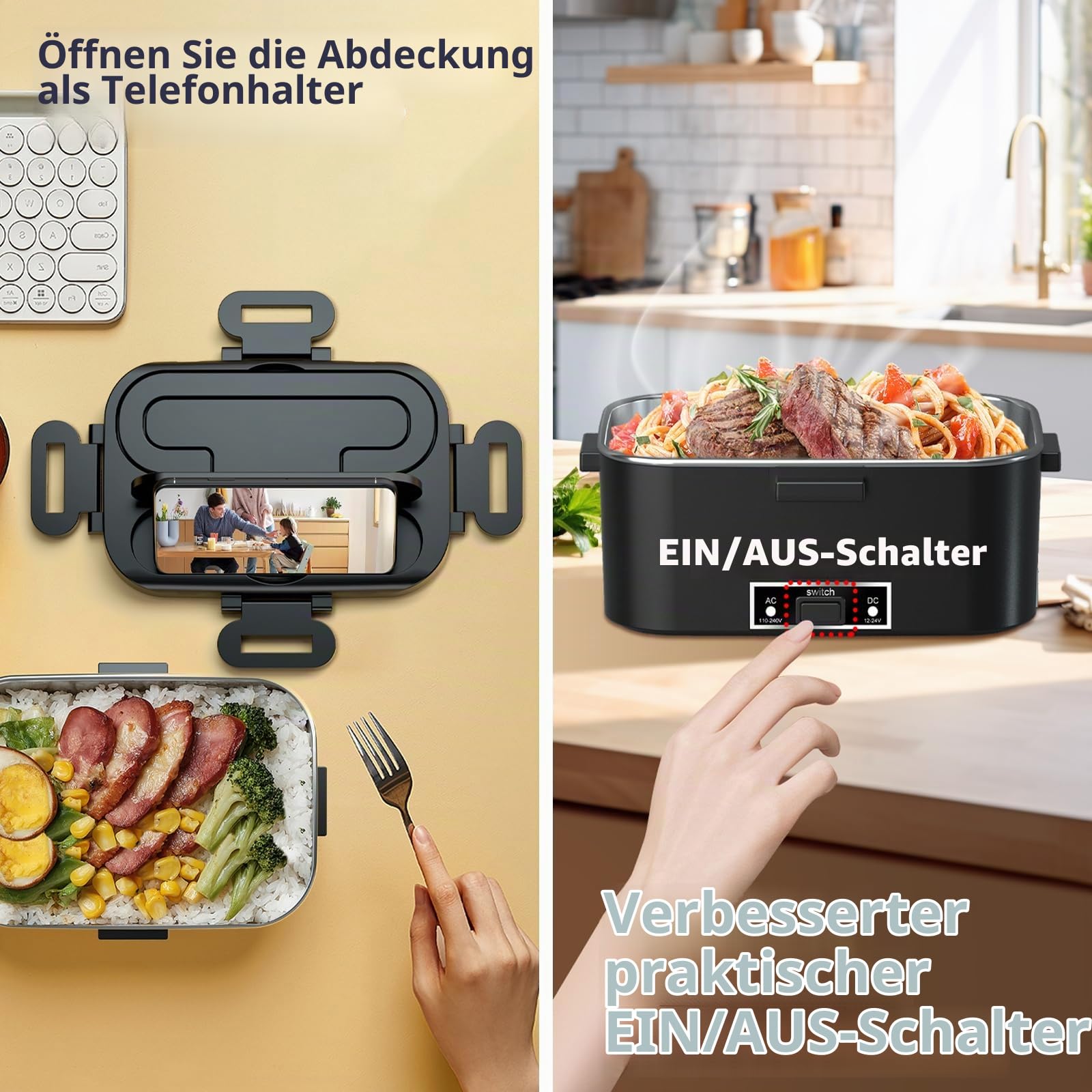 SOOOEC Elektrische Lunchbox 100W, 3-in-1 tragbare beheizte Lunchbox, Herausnehmbare Edelstahl-Brotdose, 12V/24V/220V Isolierte Wärmebox für Auto/Lkw/Büro, Mit isolierter Tasche (Black DD, H1.8L)