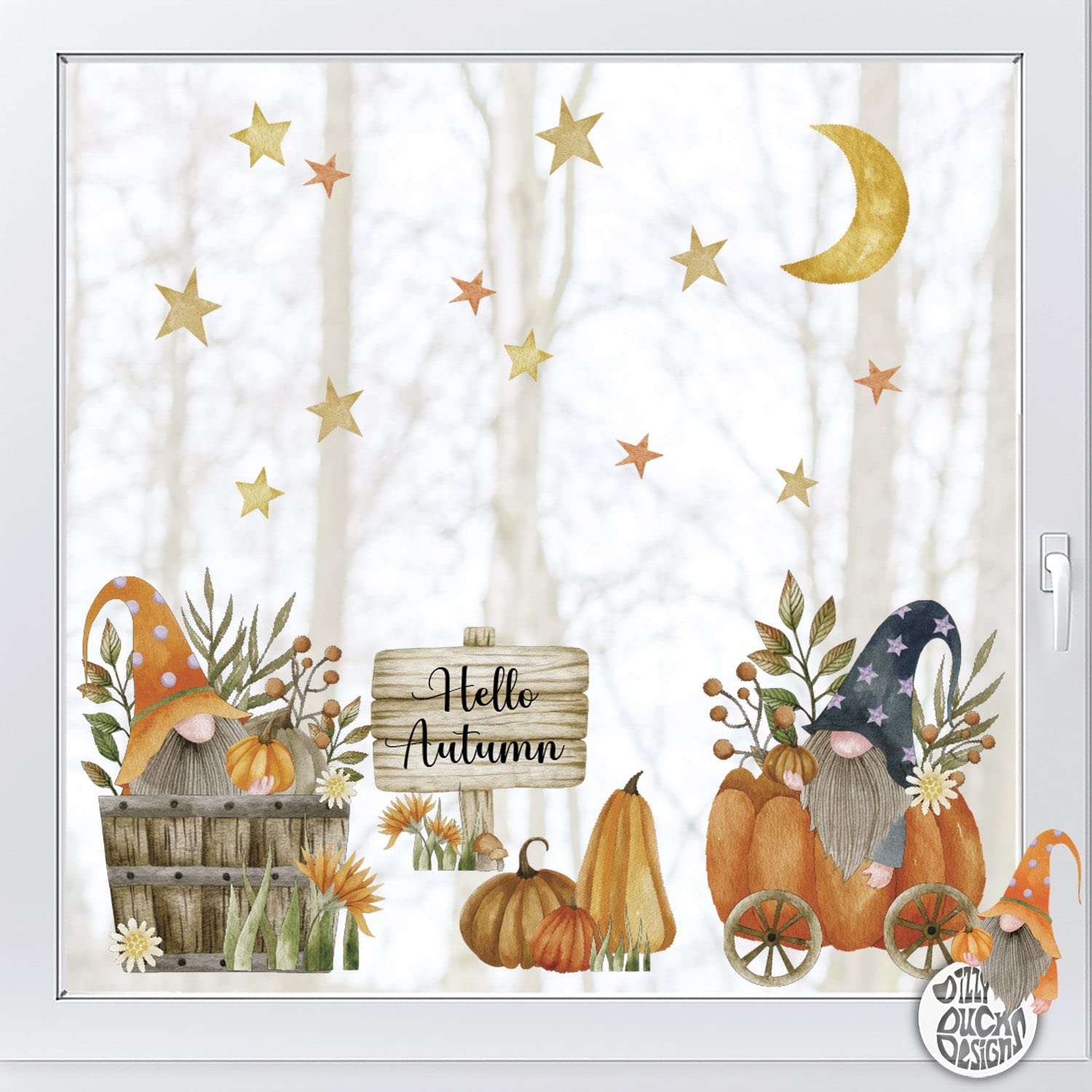Dizzy Duck Cute Autumn Gnome Window Decal - Classy Halloween Window Clings - Fall Gonk Pumpkins Moon Stars Stickers