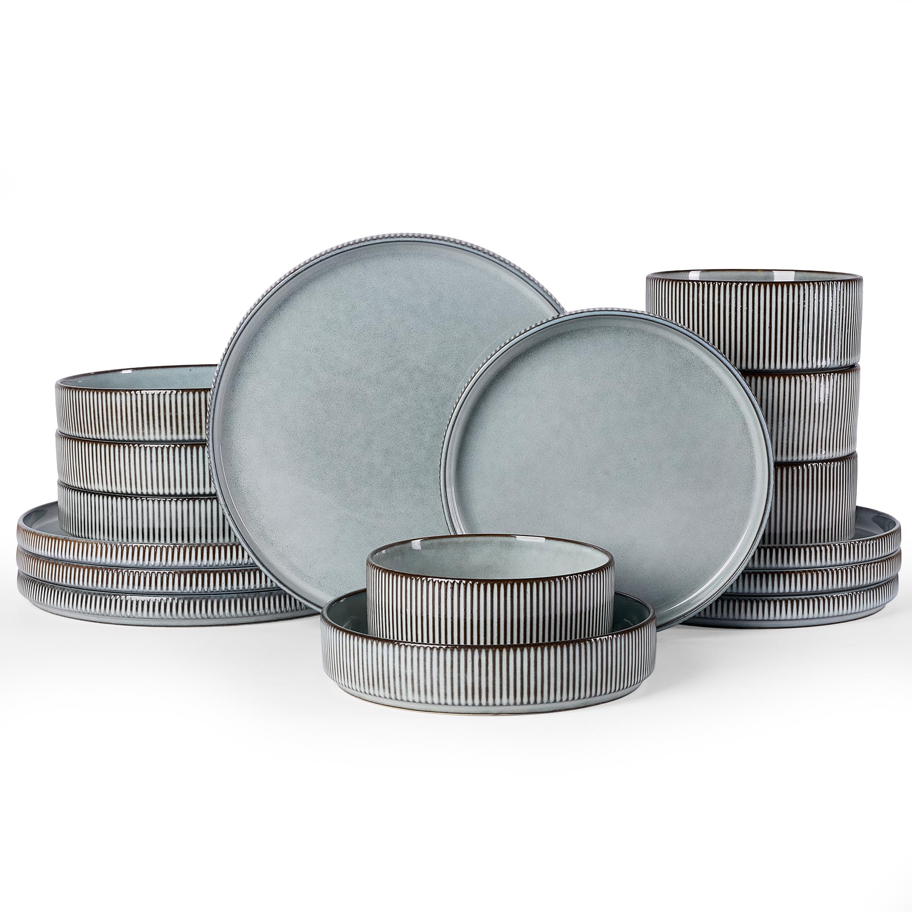 Famiware Star 16-Piece Stoneware Dinnerware Sets, Service for 4 - Shallow Pasta Bowls & Flat Plates, Modern Rustic Reactive Glaze Dishes, Chip/Scratch