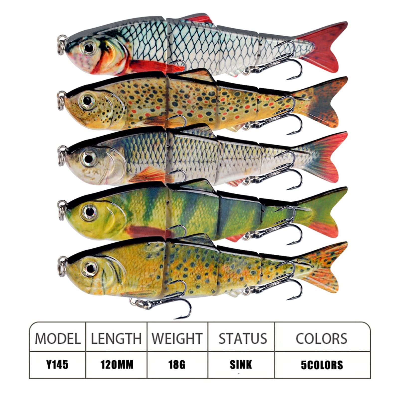 5 piezas 12cm 18g Señuelo para pesca de lubina Swimbaits de articulaciones múltiples segmentados realistas con gancho triple Trucha de agua dulce de agua salada, perca, carpa, aparejos de pes