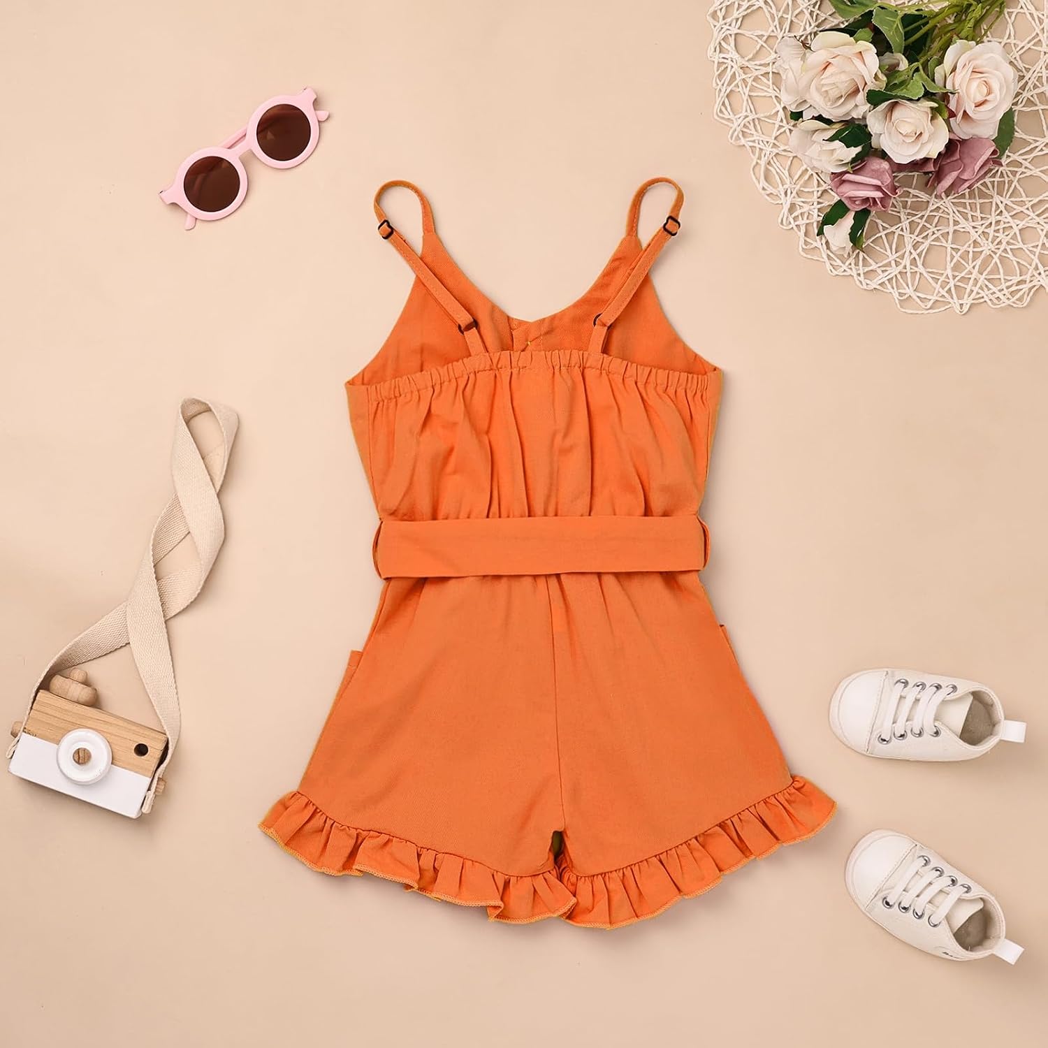 Toddler Girl Clothes Baby Adjusatble Strap Sleeveless One-Piece Romper Ruffle Summer Pocket Jumpsuit 6 months to 5T