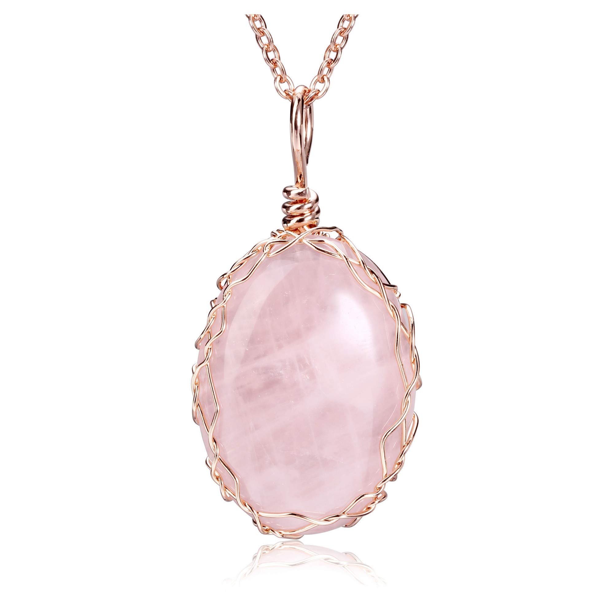 Jovivi Rose Quartz Healing Crystal Stone Pendant Necklace Natural Pink Oval Chakra Gemstone Rose Gold Wire Wrapped Jewellery for Women Mother Mom Gifts