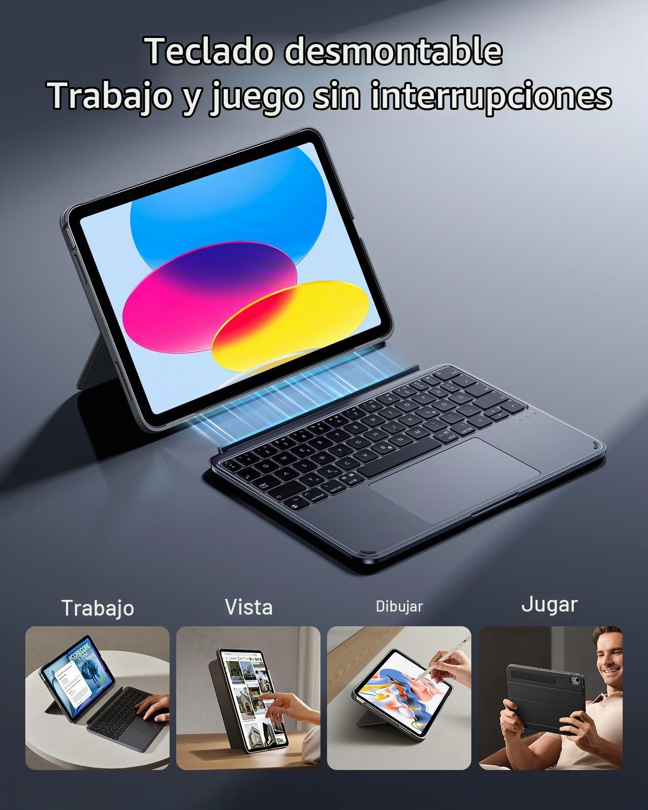 ESR Funda con Teclado para iPad 11 (A16) 2025/10.Gen, Soporte multiángulo | Teclado Magnético Desmontable, Vertical y Horizontal, Gran Trackpad, Teclas Retroiluminadas, DEU QWERTZ, Gris oscuro